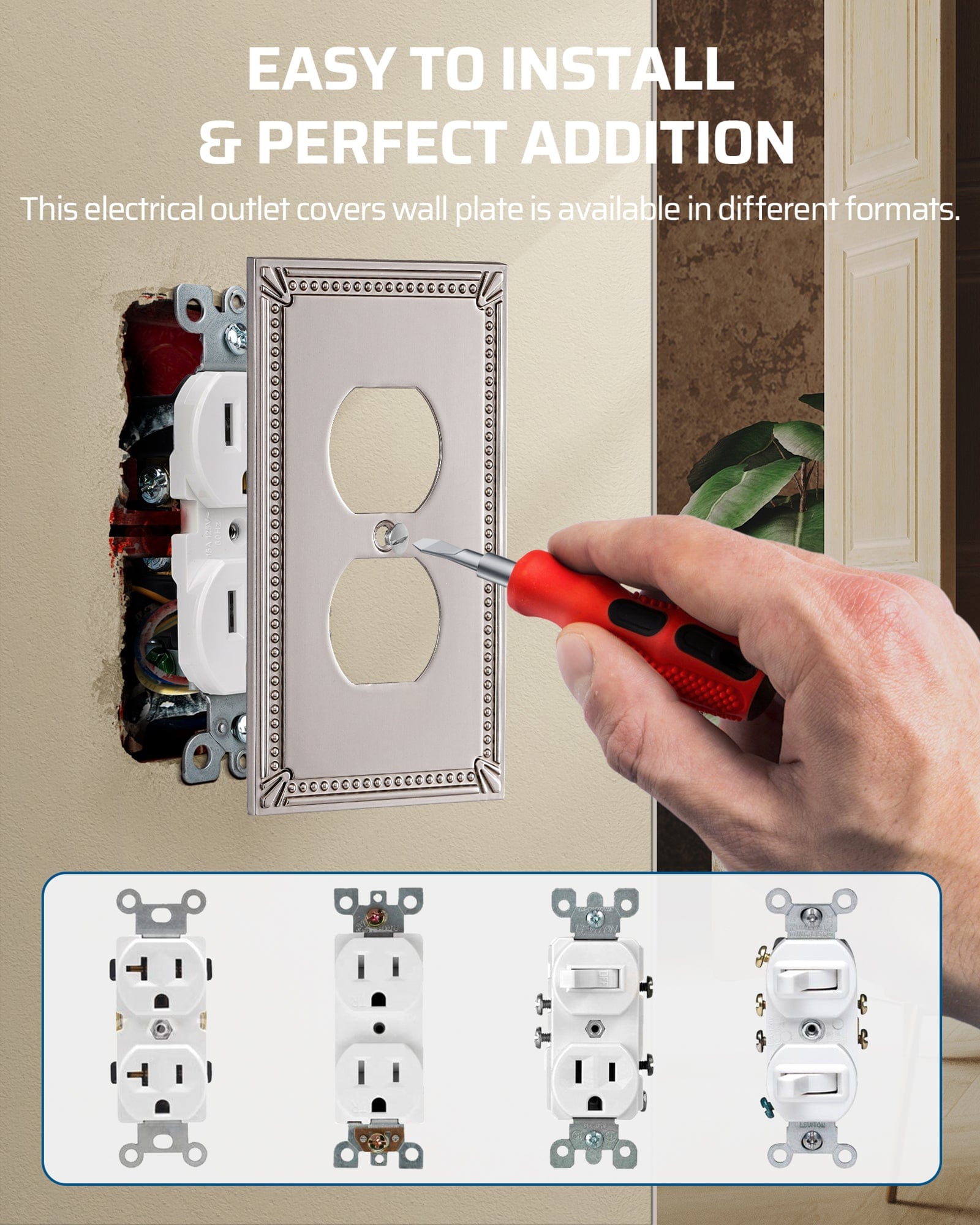 DEWENWILS 2 Pack Zinc Alloy Wall Plate Covers, 4.94"×3.03" Single Duplex Outlet Cover, Satin Nickel Finish Light Switch Plate Cover, Sunken Pearls Decorative Wall Plates Electrical Outlet Cover-HDWP04F