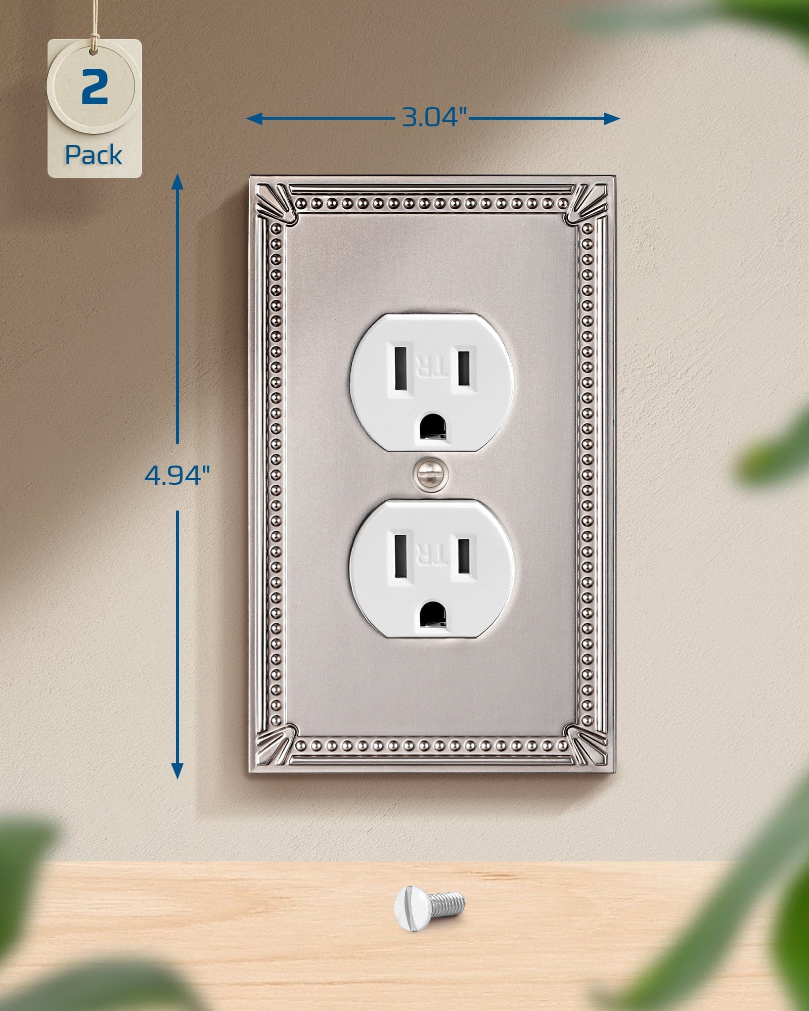 DEWENWILS 2 Pack Zinc Alloy Wall Plate Covers, 4.94"×3.03" Single Duplex Outlet Cover, Satin Nickel Finish Light Switch Plate Cover, Sunken Pearls Decorative Wall Plates Electrical Outlet Cover-HDWP04F