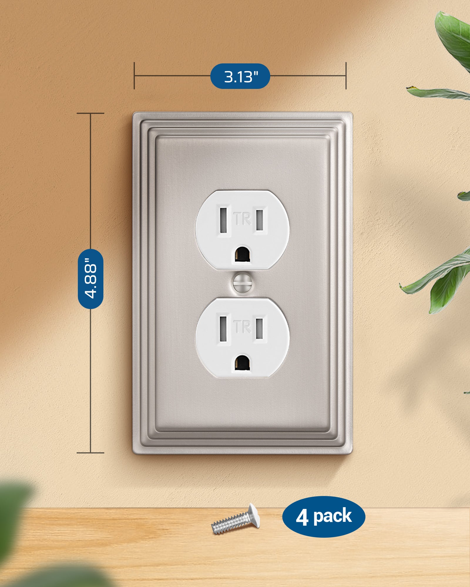 DEWENWILS 4-Pack Brushed Nickel Outlet Covers & Switch Plates — Decorative Metal Wall Plates for Light Switches & Duplex Outlets (1-Gang Standard Size)-HDWP07A