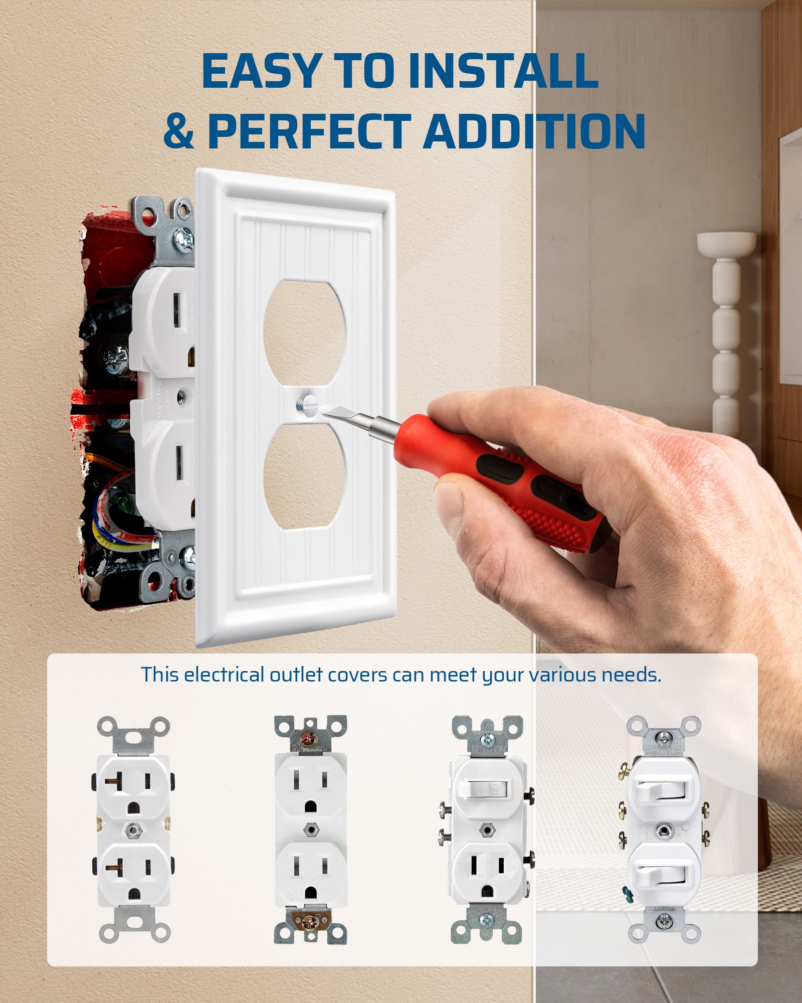 DEWENWILS 4-Pack White Outlet Covers & Switch Plates — Decorative Metal Wall Plates for Light Switches & Duplex Outlets (1-Gang Standard Size)-HDWP08C