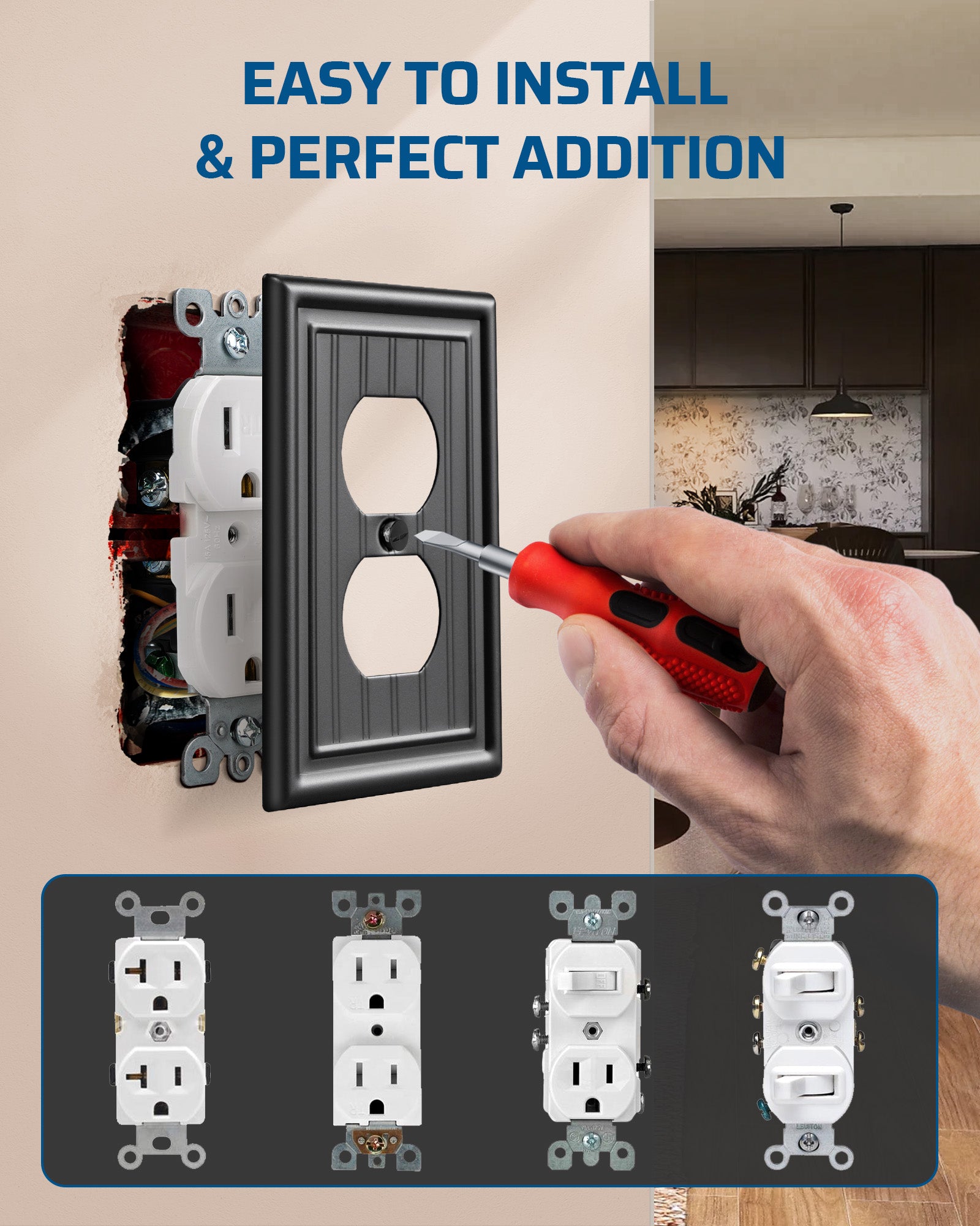 DEWENWILS 4-Pack Black Outlet Covers & Switch Plates — Decorative Metal Wall Plates for Light Switches & Duplex Outlets (1-Gang Standard Size)-HDWP08D