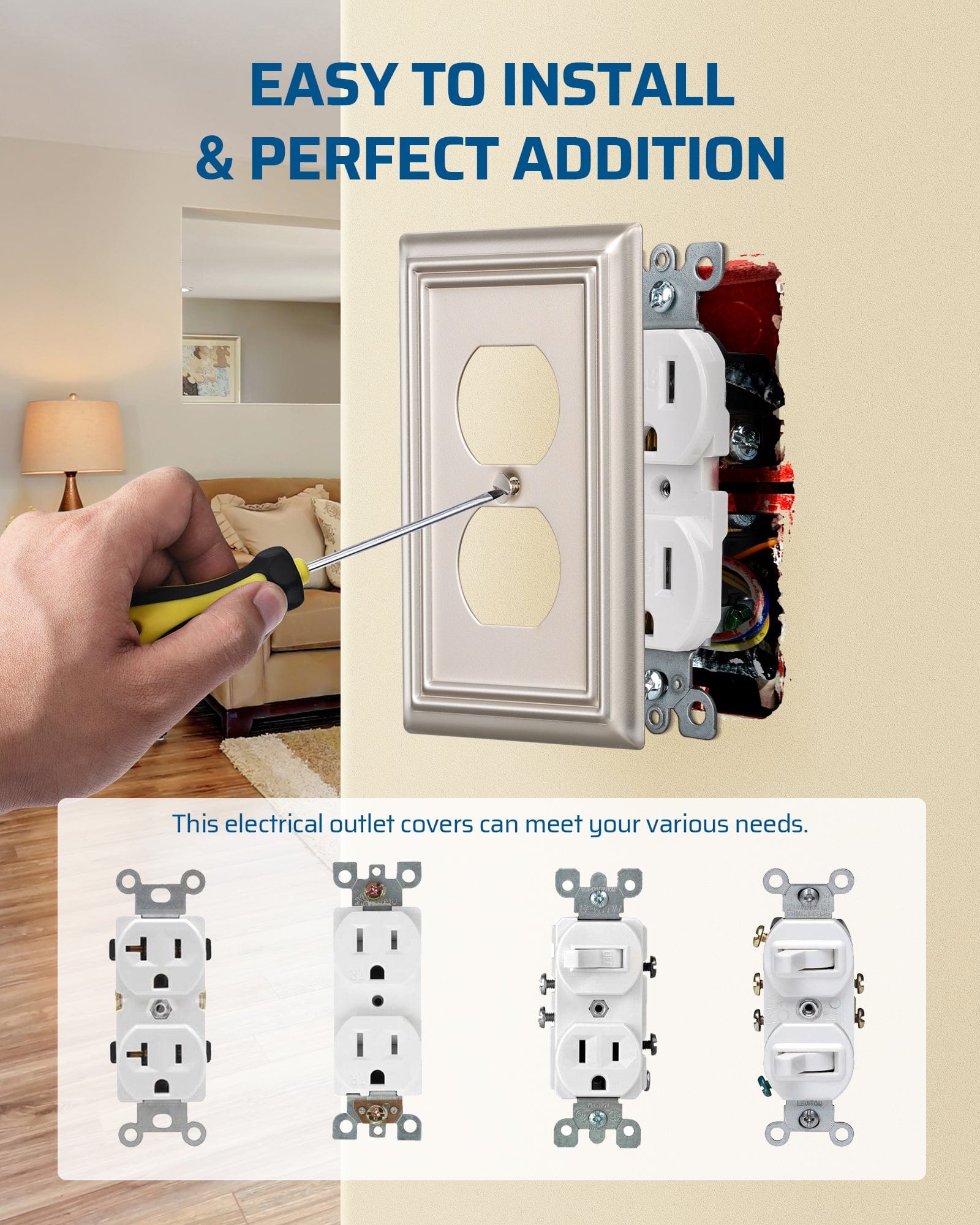 DEWENWILS Satin Nickel Outlet Covers and Switch Plates, Decorative Wall Plate Metal Light Switch Cover-1 Gang Duplex (4 Pack)-HDWP14F