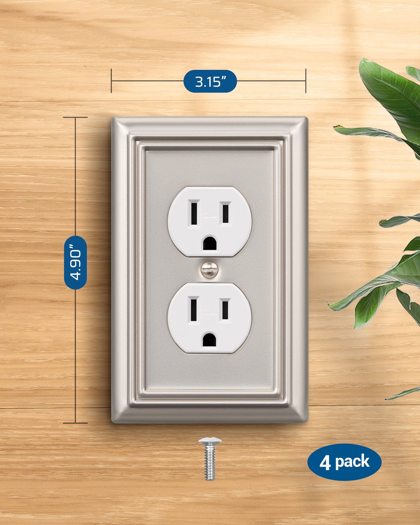 DEWENWILS Satin Nickel Outlet Covers and Switch Plates, Decorative Wall Plate Metal Light Switch Cover-1 Gang Duplex (4 Pack)-HDWP14F