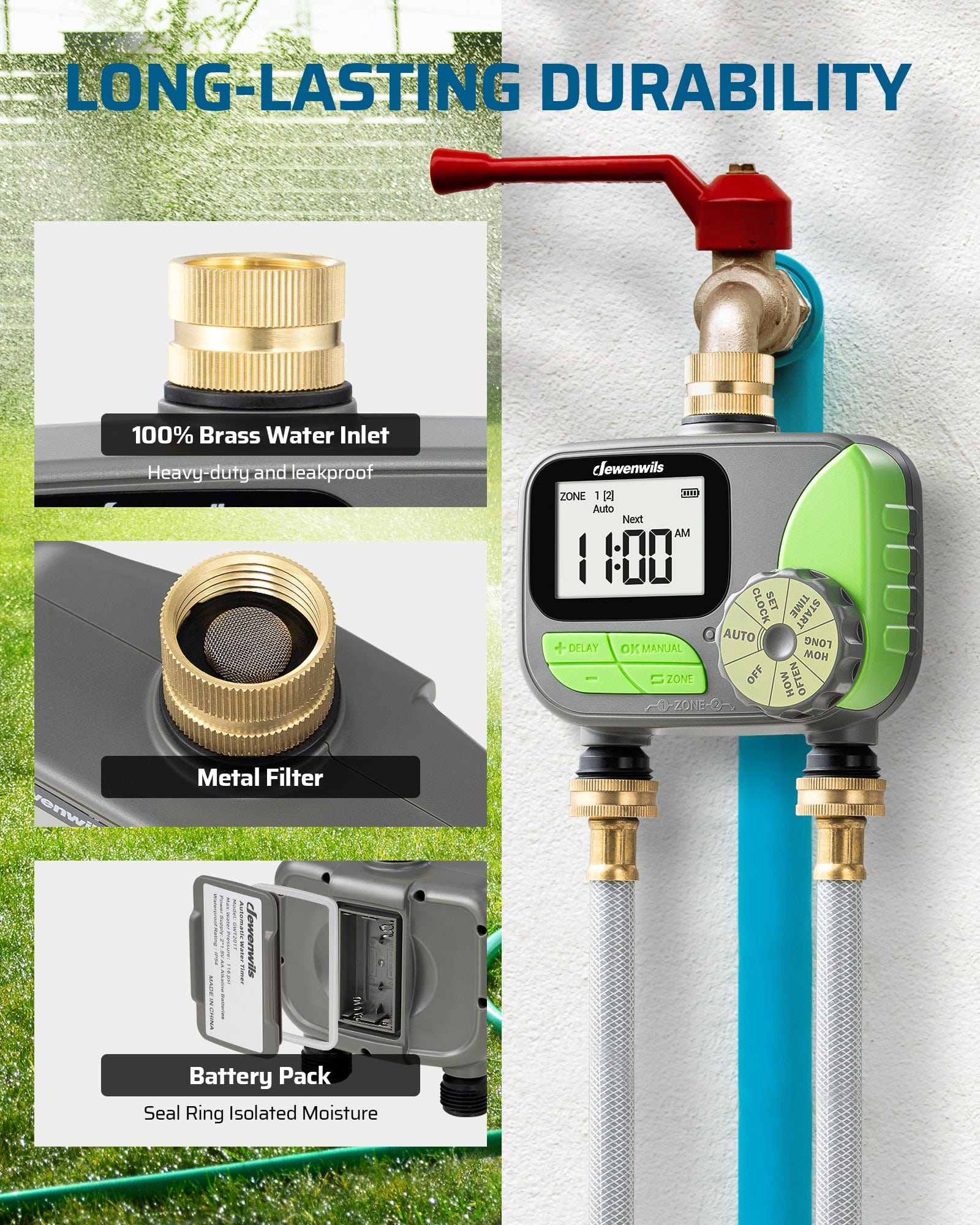 DEWENWILS 2 Zone Sprinkler Timer with Rain Delay/Manual for Yard Lawn-HDWT02D