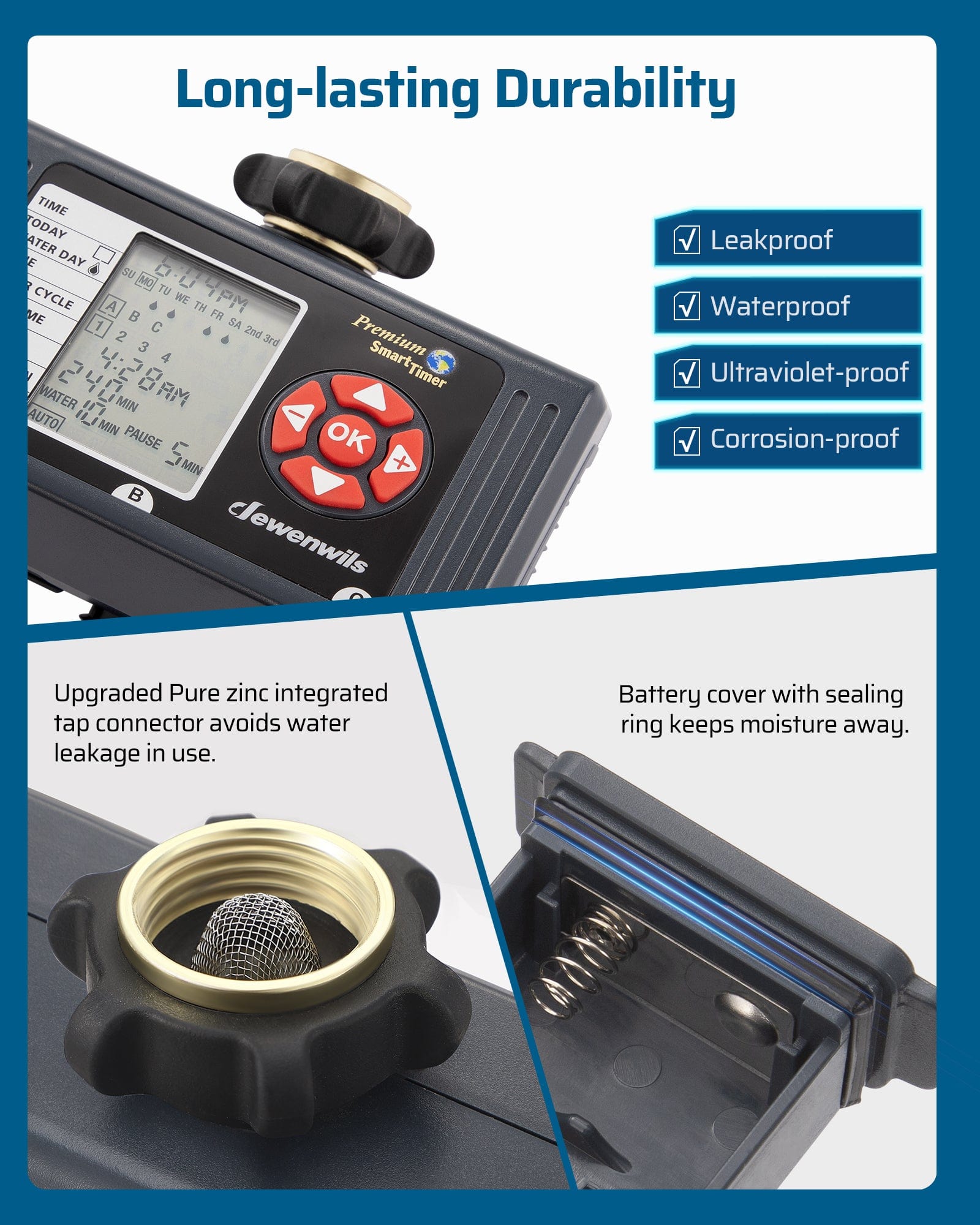 Sprinkler Timer: Long-lasting, leakproof, waterproof, UV- and corrosion-resistant design ensures durable outdoor irrigation performance.
