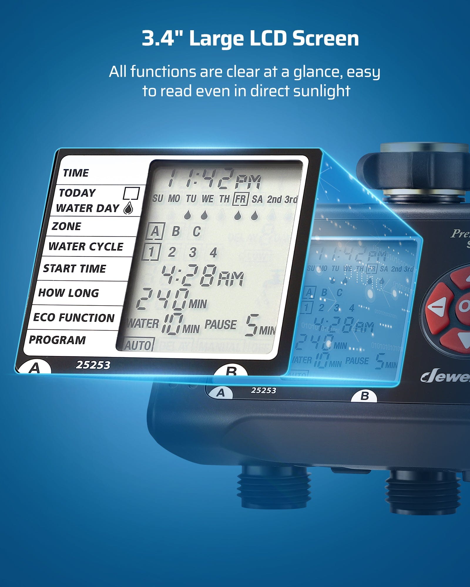 Sprinkler Timer: 3.4" large LCD screen displays all functions clearly, easy to read even in direct sunlight.