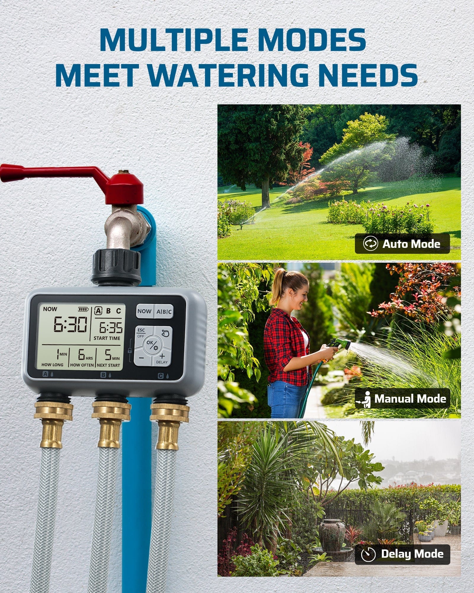 Programmable 3 Zone Sprinkler Timer, Irrigation Timer for Garden, Lawn, Yard-F1HDWT03B