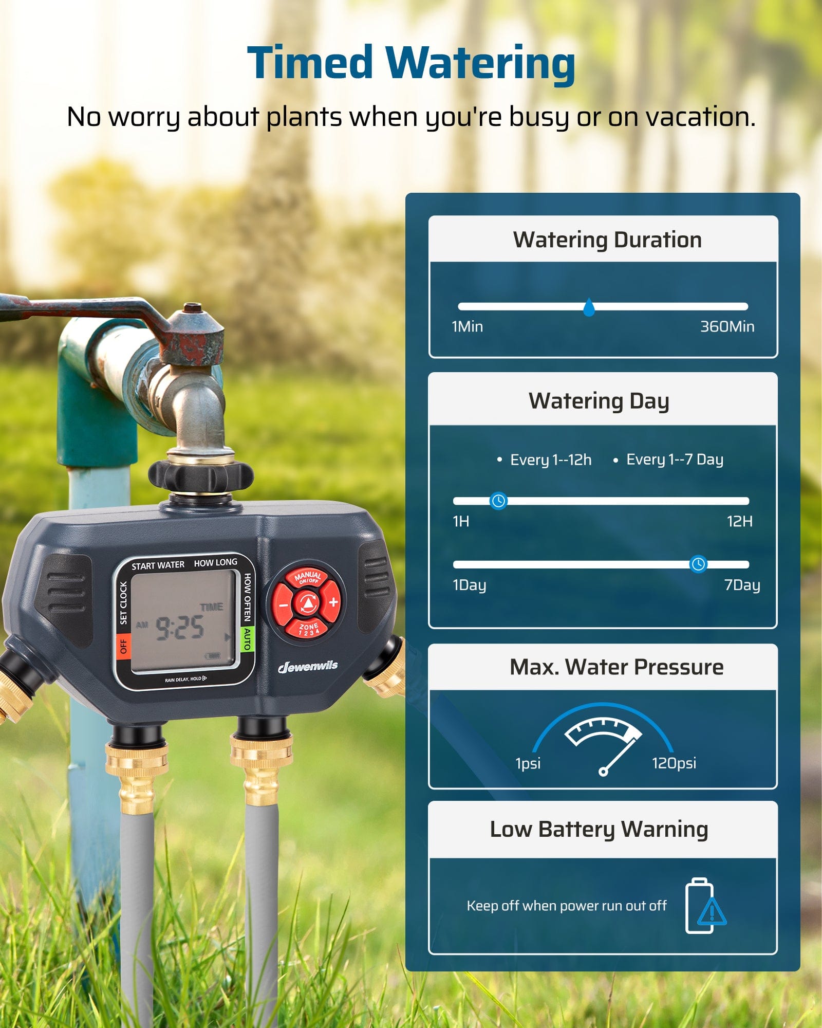 Sprinkler Timer: Timed Watering. Provides worry-free plant care while you are busy or on vacation by ensuring your garden stays hydrated with automatic schedules.