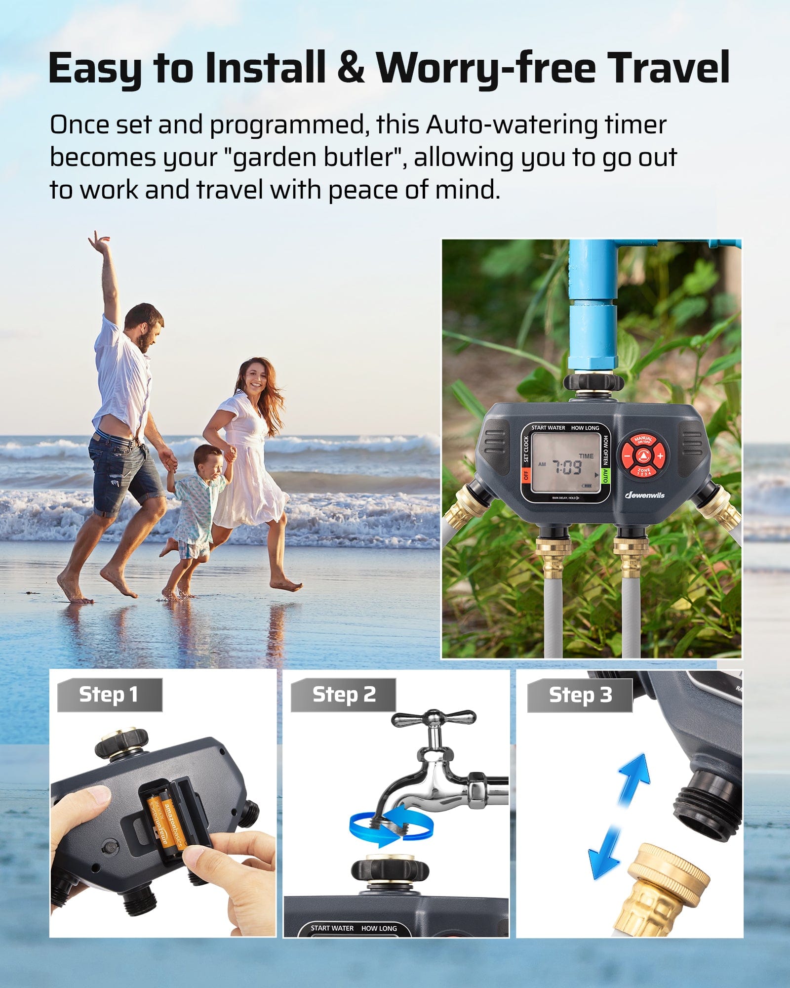 Sprinkler Timer: Easy to Install & Worry-free Travel. Once programmed, this automatic "garden butler" manages your yard, allowing you to work or travel with peace of mind.