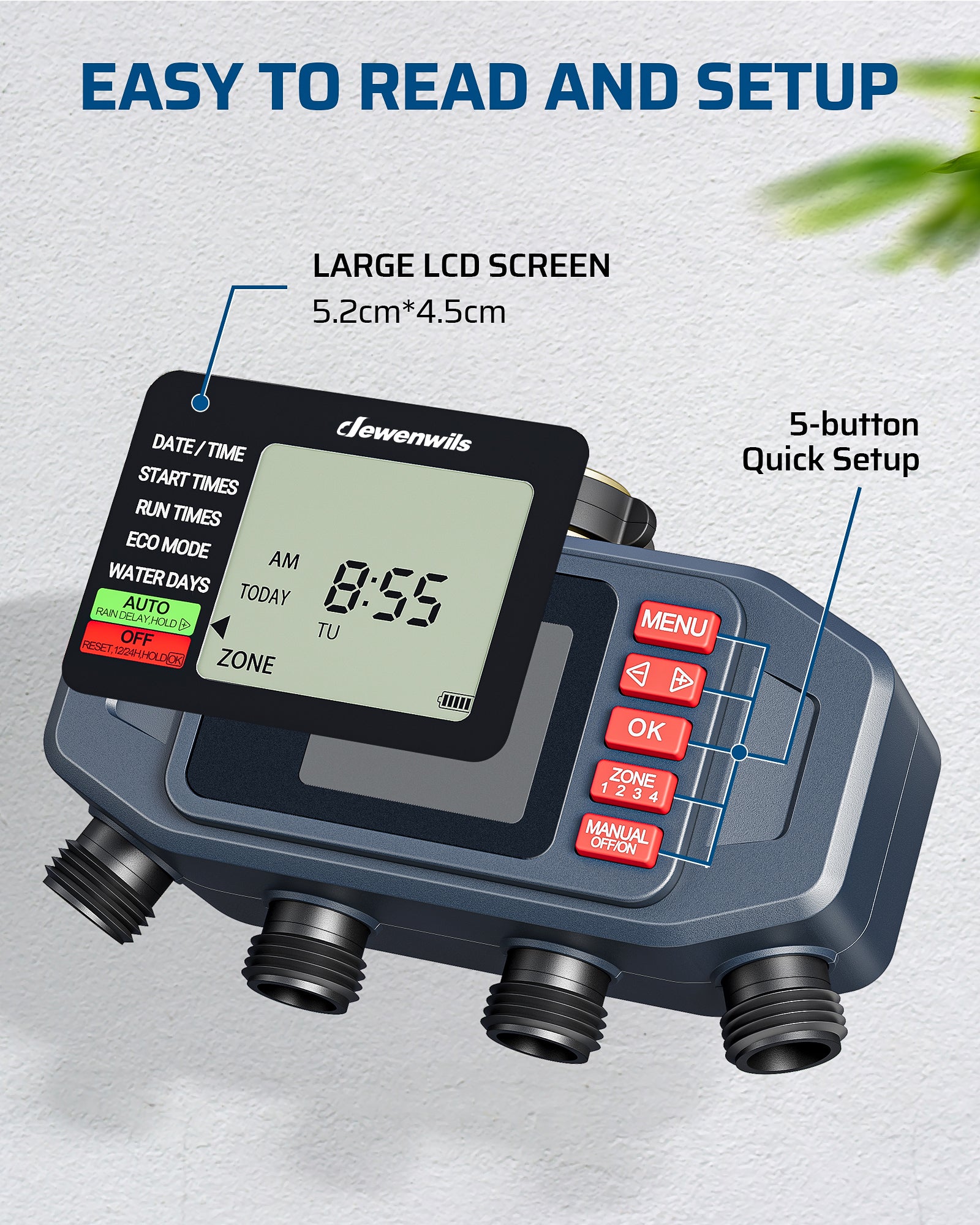 DEWENWlLS Sprinkler Timer, 4 Zone, Outdoor Faucet lrigation, Rain Delay & Manual, Programmable Water Hose Timer for Holiday, Garden, Lawn, Vegetable Gardening, Potted Flowers-HDWT04C