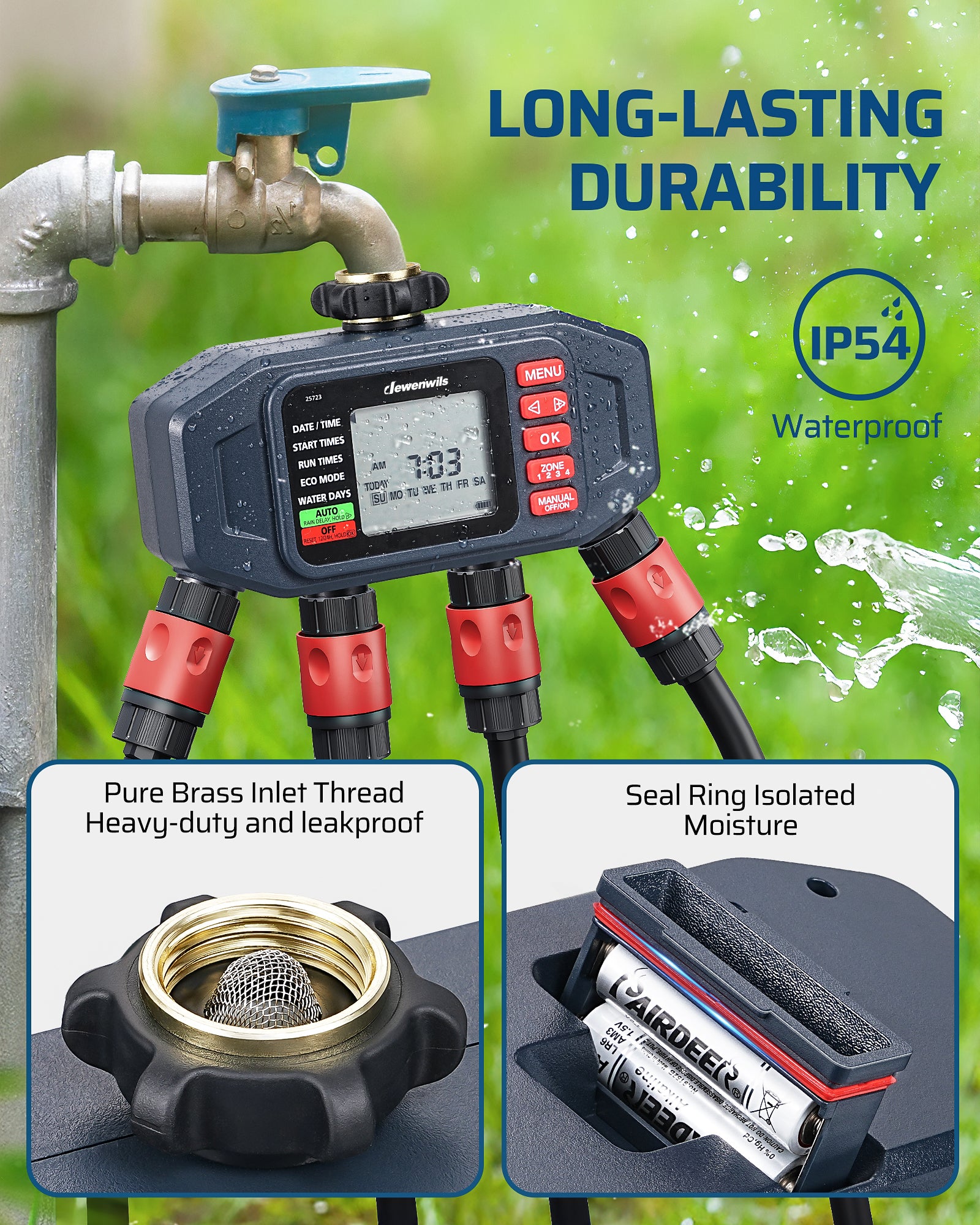 DEWENWlLS Sprinkler Timer, 4 Zone, Outdoor Faucet lrigation, Rain Delay & Manual, Programmable Water Hose Timer for Holiday, Garden, Lawn, Vegetable Gardening, Potted Flowers-HDWT04C