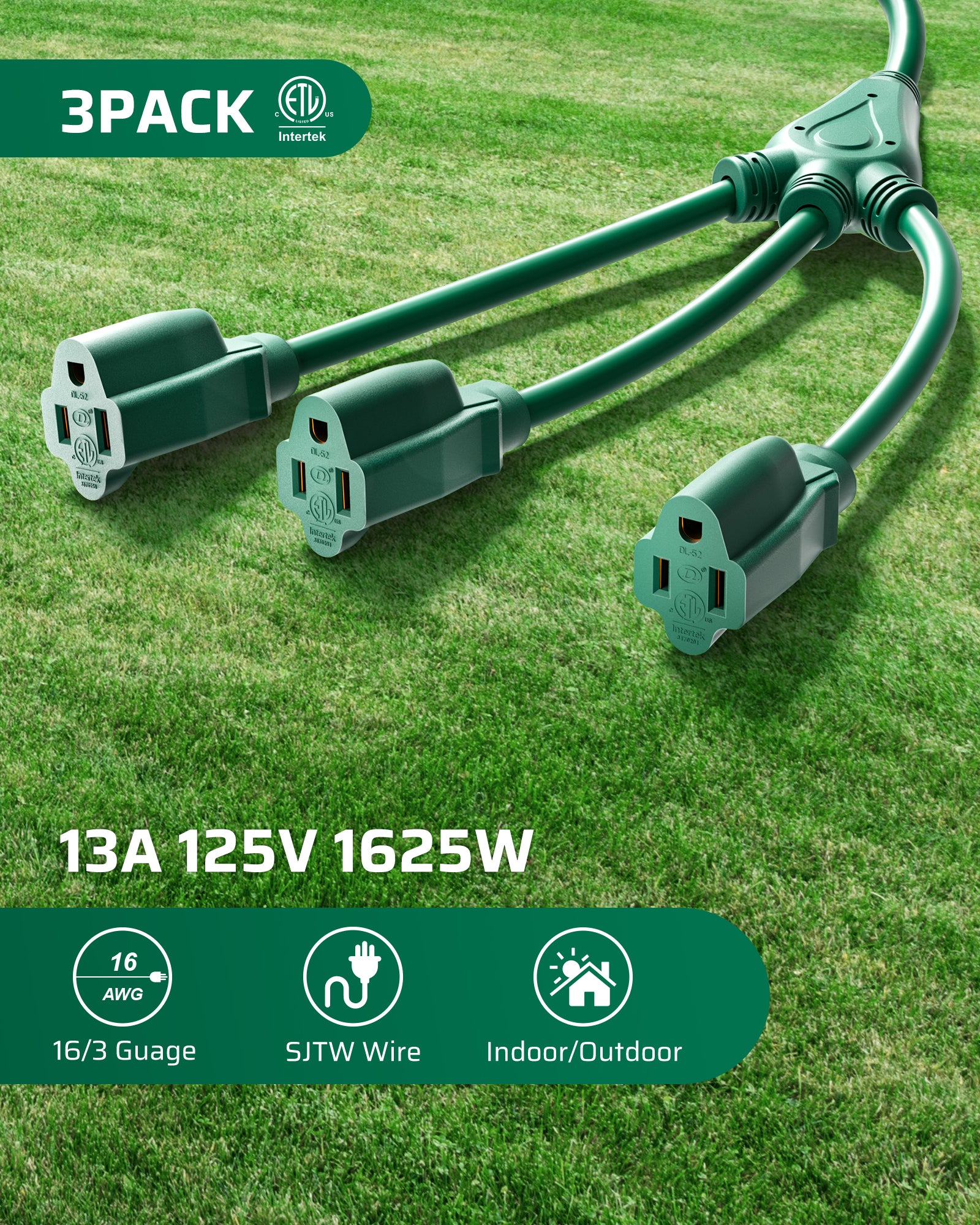 DEWENWILS Extension Cord Splitter 1 to 3, 16/3 Heavy Duty SJTW Wire, 3 Prong Splitter 3 Way, Outdoor Cord Splitter for Halloween Decor Christmas Lights, Green, Pack of 3-HEC103A
