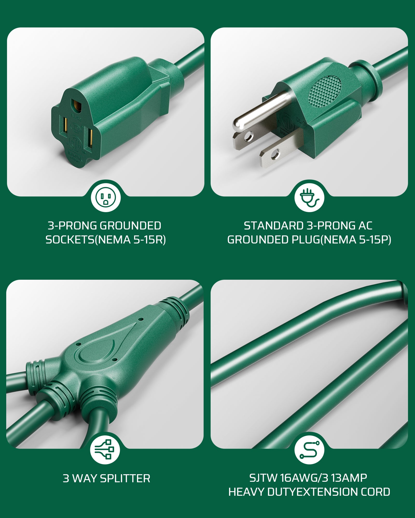 DEWENWILS Extension Cord Splitter 1 to 3, 16/3 Heavy Duty SJTW Wire, 3 Prong Splitter 3 Way, Outdoor Cord Splitter for Halloween Decor Christmas Lights, Green, Pack of 3-HEC103A