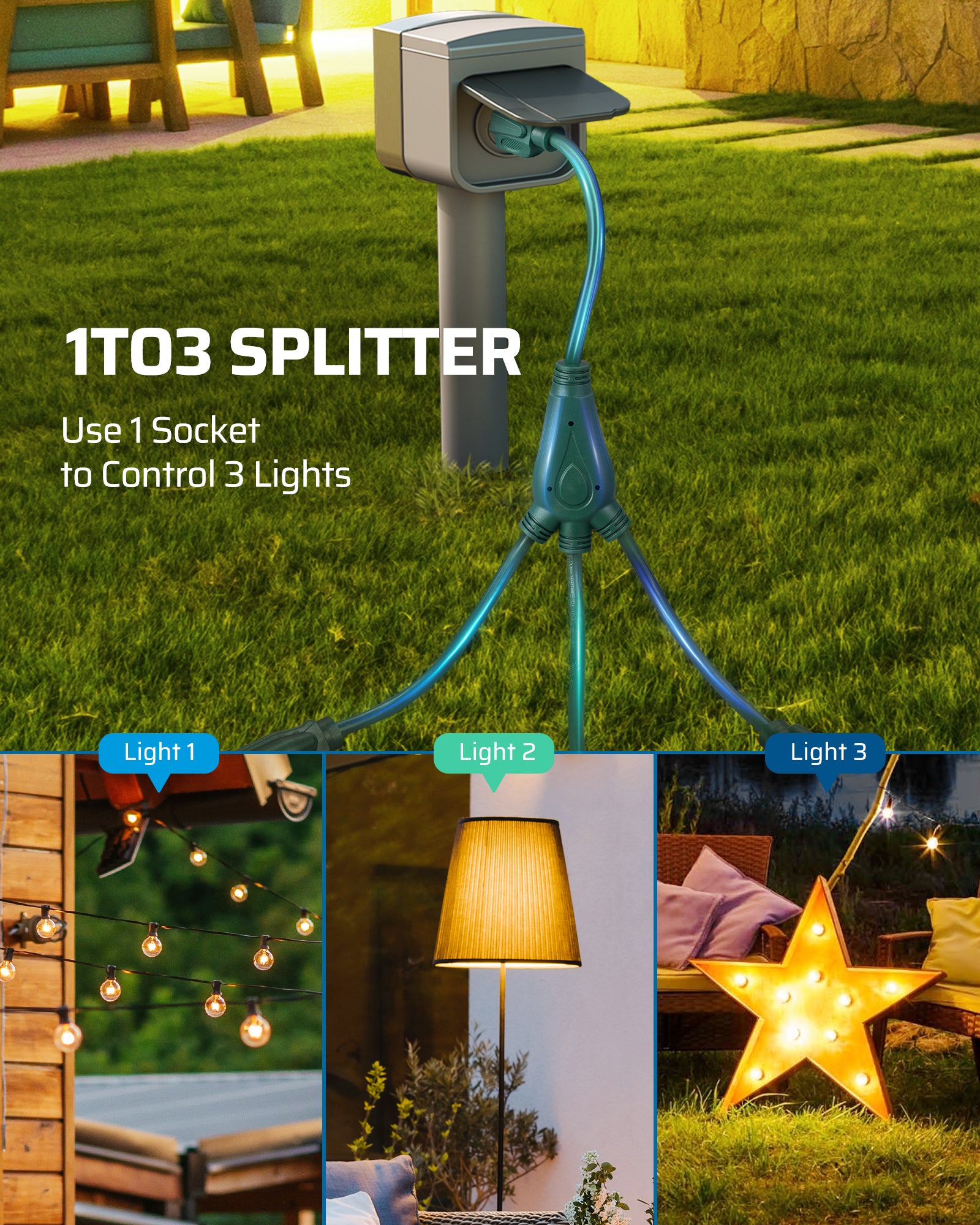 DEWENWILS Extension Cord Splitter 1 to 3, 16/3 Heavy Duty SJTW Wire, 3 Prong Splitter 3 Way, Outdoor Cord Splitter for Halloween Decor Christmas Lights, Green, Pack of 3-HEC103A