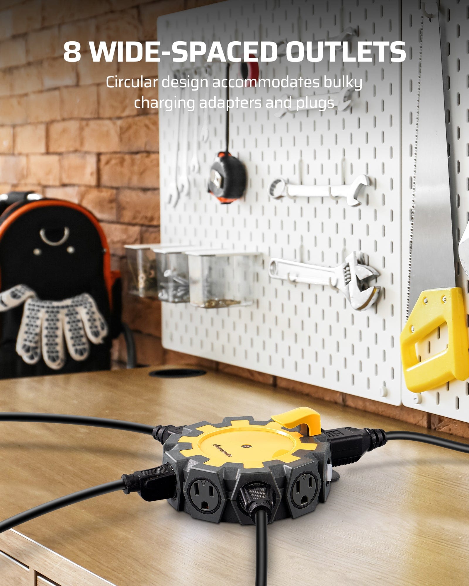 DEWENWILS Heavy Duty 8 Outlet Power Hub with Swivel Safety Covers, Outdoor Extension Cord Adapter, Resettable 15A Circuit Breaker-HEPA04B