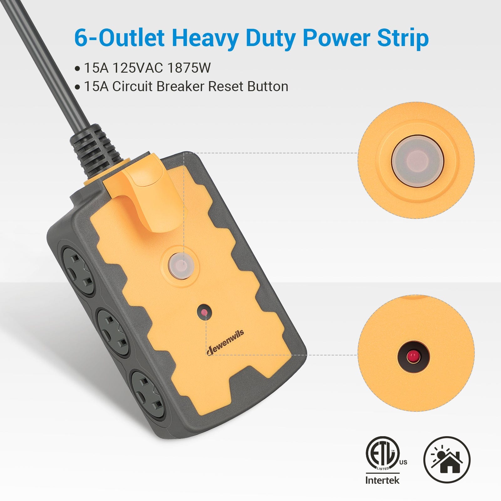 Power Strip: Heavy-duty 6-outlet design with 15A 125VAC/1875W capacity and built-in resettable circuit breaker for overload protection and safe multi-device power distribution