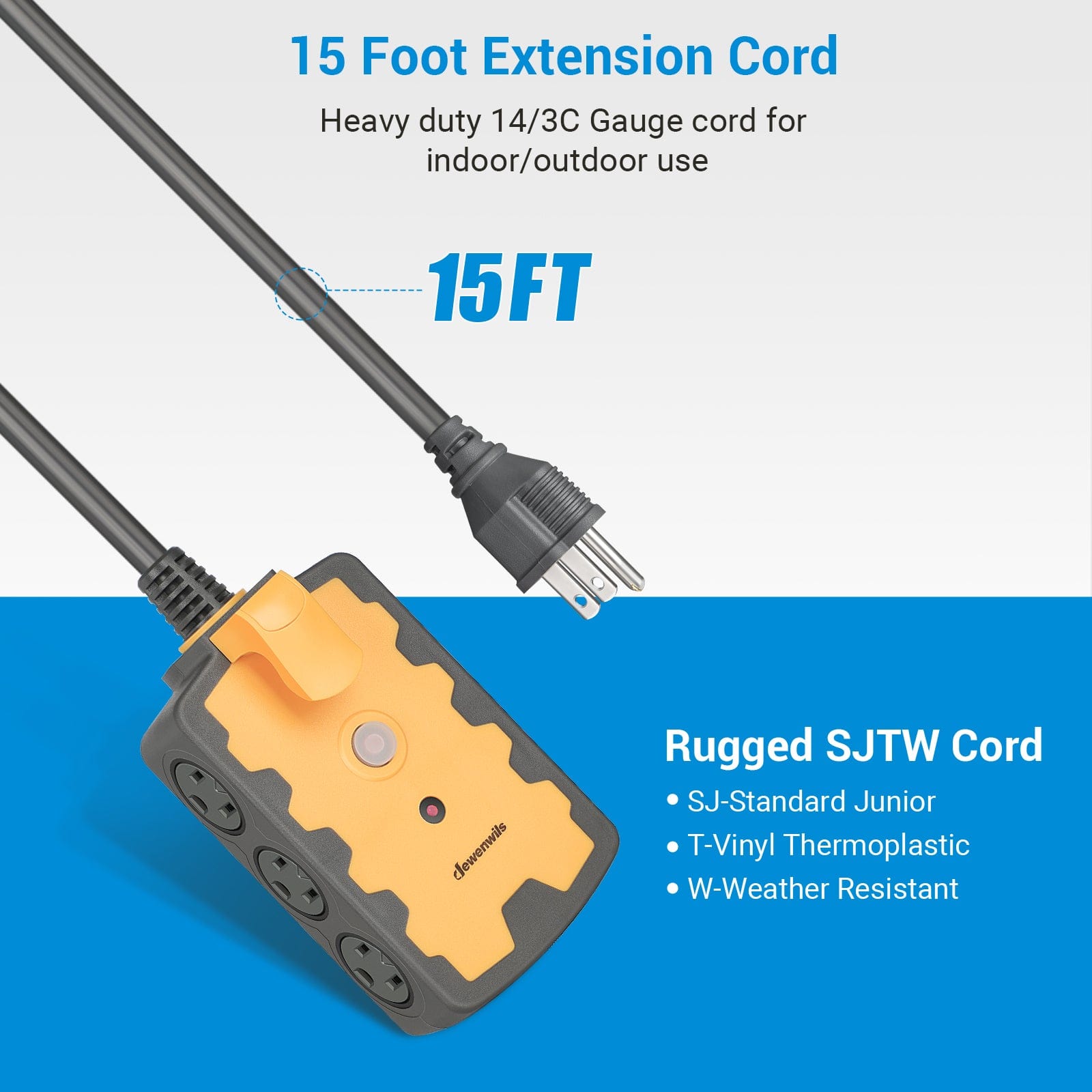 Power Strip: Equipped with a 15FT heavy-duty 14/3C SJTW weather-resistant extension cord for reliable indoor and outdoor use with enhanced durability against abrasion, moisture and sunlight