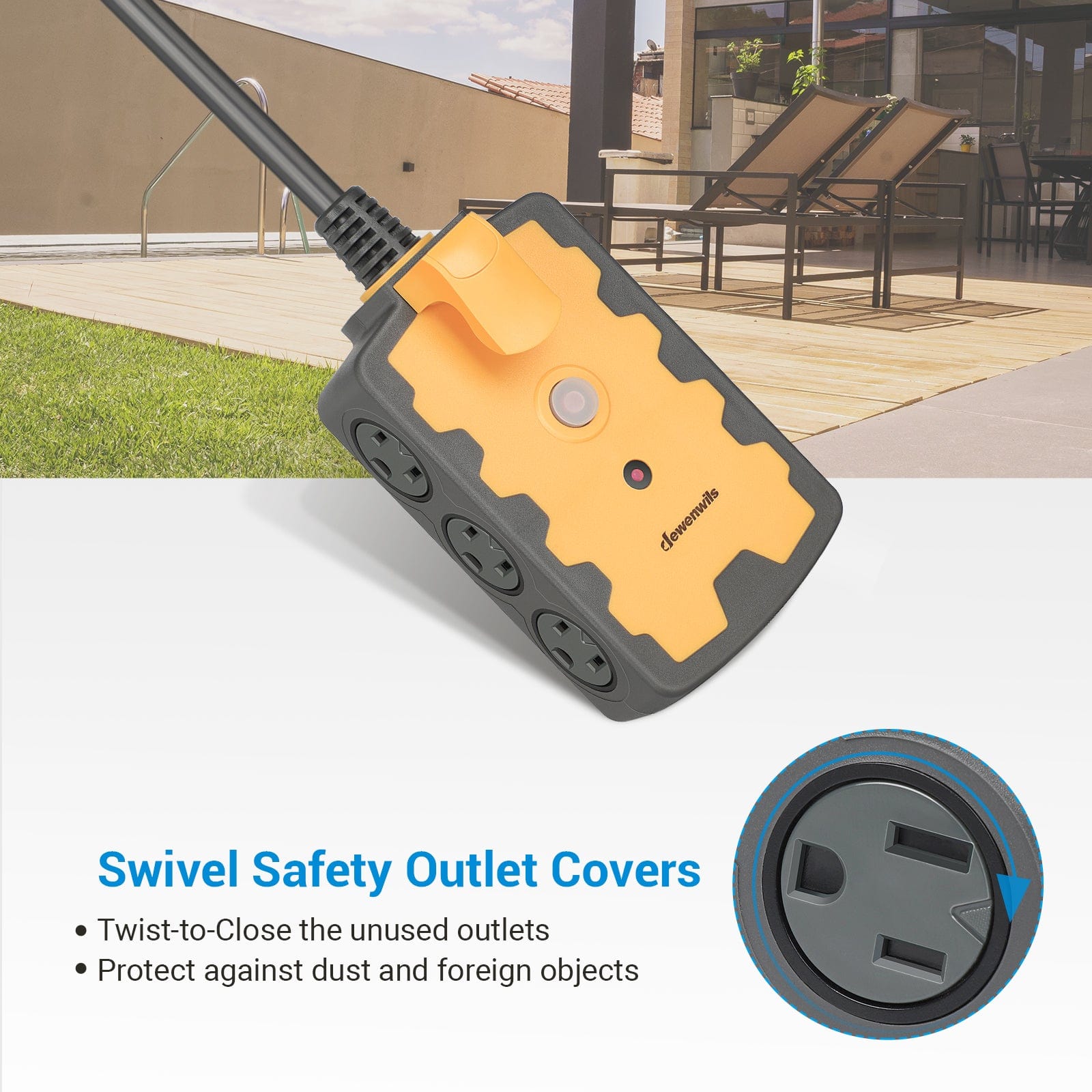 Power Strip: Features swivel safety outlet covers with twist-to-close protection to prevent dust and foreign object intrusion when outlets are not in use