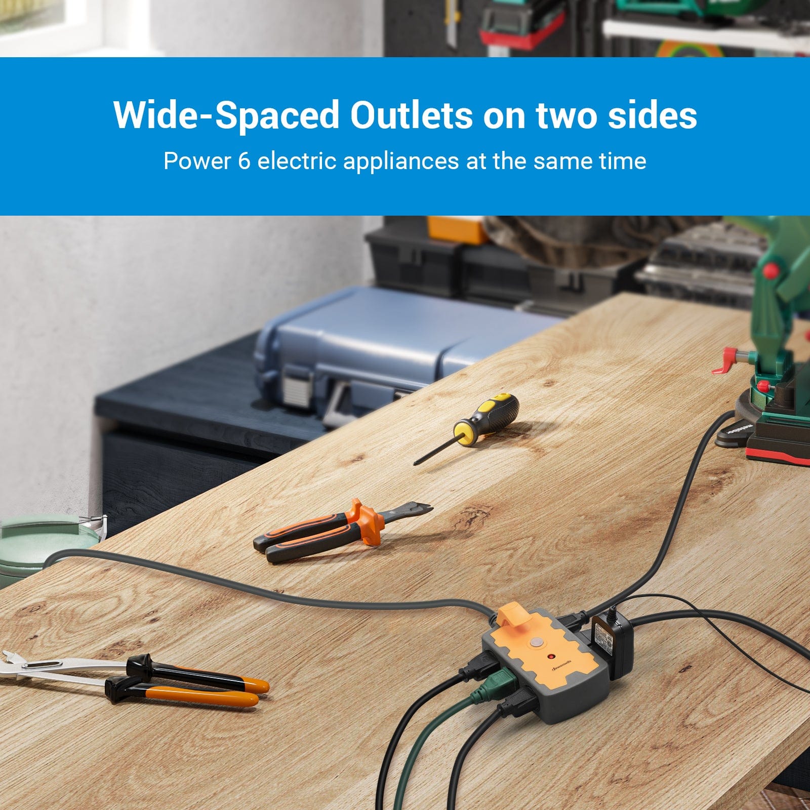 Power Strip: Features 6 wide-spaced outlets on two sides, enabling simultaneous connection of up to 6 appliances without blocking plugs, ideal for workshop and heavy-duty use