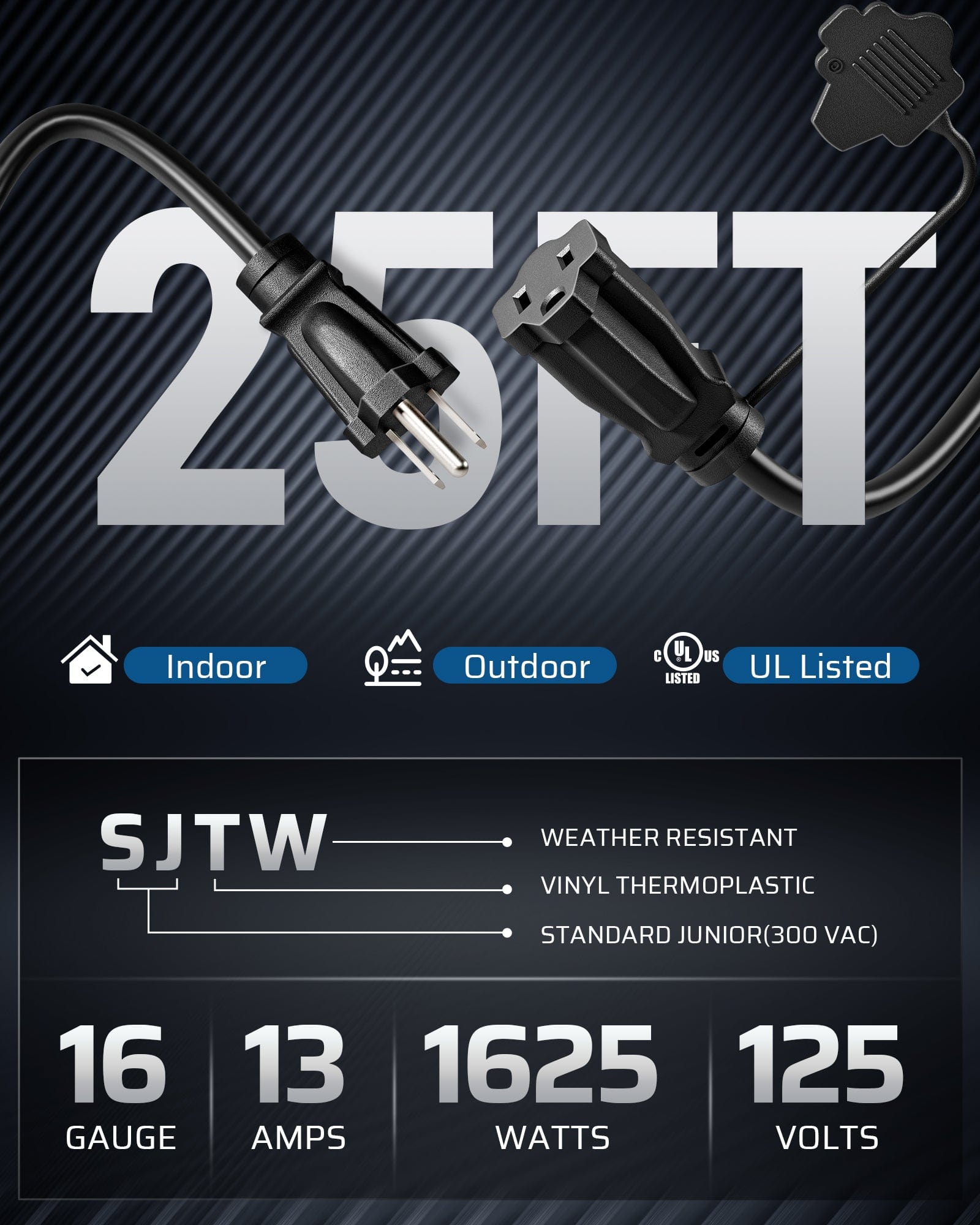 DEWENWILS 25ft Outdoor Extension Cord, Evenly Spaced 3 Outlets Plugs with Safety Cover, 16/3 SJTW Weatherproof Wire-HES103D