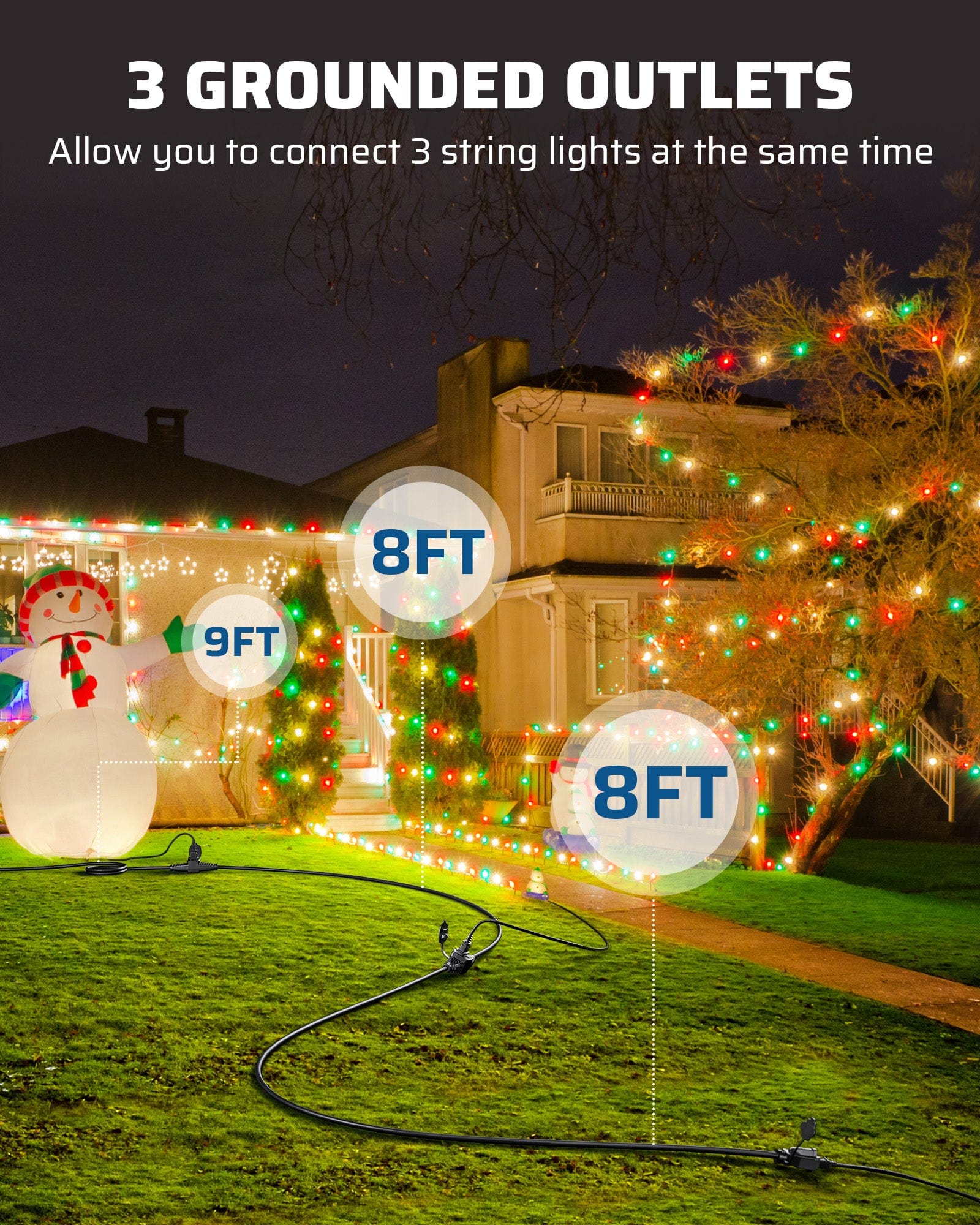 Outdoor Extension Cord: 3 grounded outlets allow connecting up to 3 string lights simultaneously, providing safe and organized power distribution for outdoor decorative lighting setups
