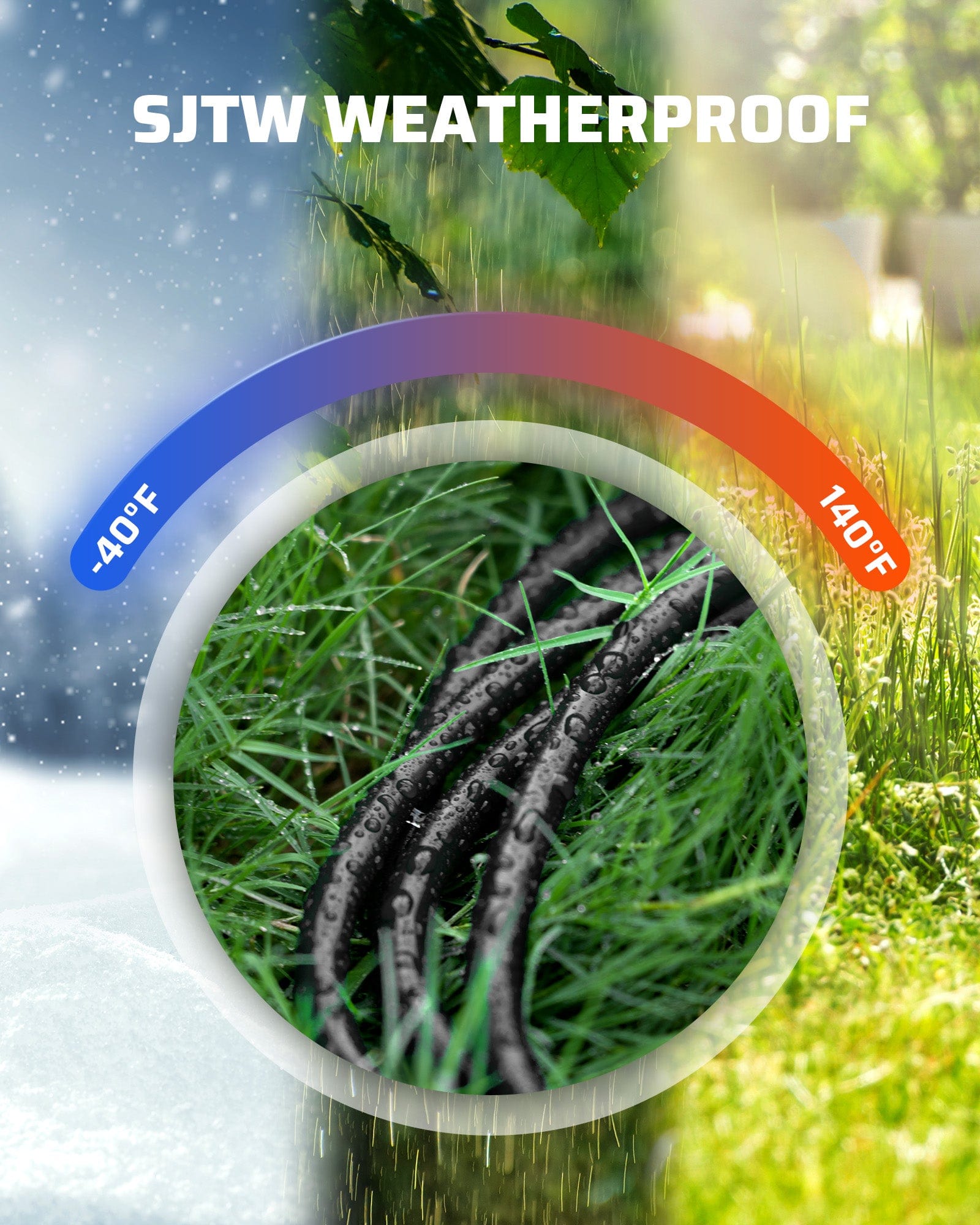 Outdoor Extension Cord: SJTW weatherproof construction rated -40°F to 140°F for reliable indoor and outdoor performance in extreme weather conditions