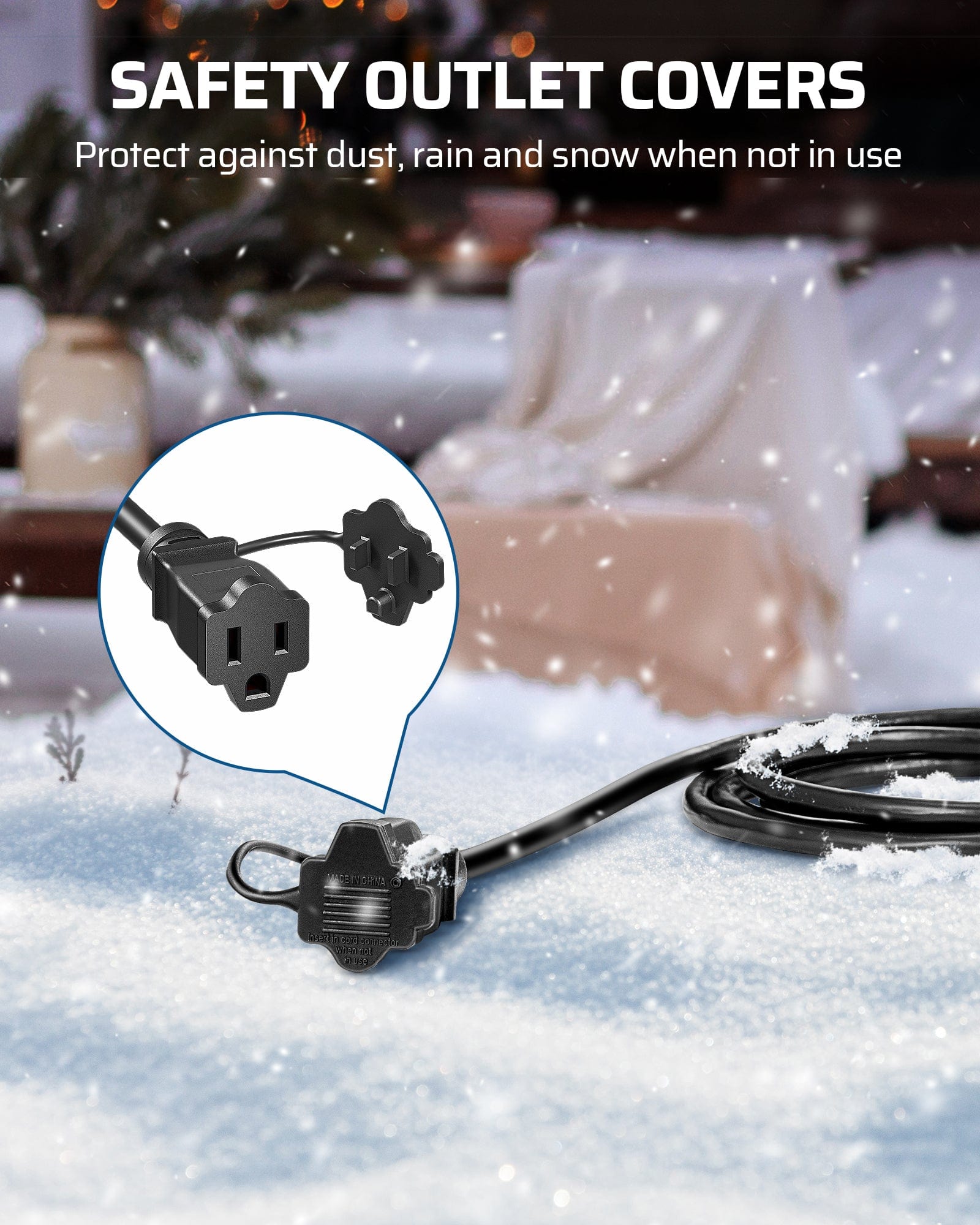 Outdoor Extension Cord: safety outlet covers protect unused outlets from dust, rain, and snow when not in use, ensuring safe and durable outdoor power performance in all weather conditions