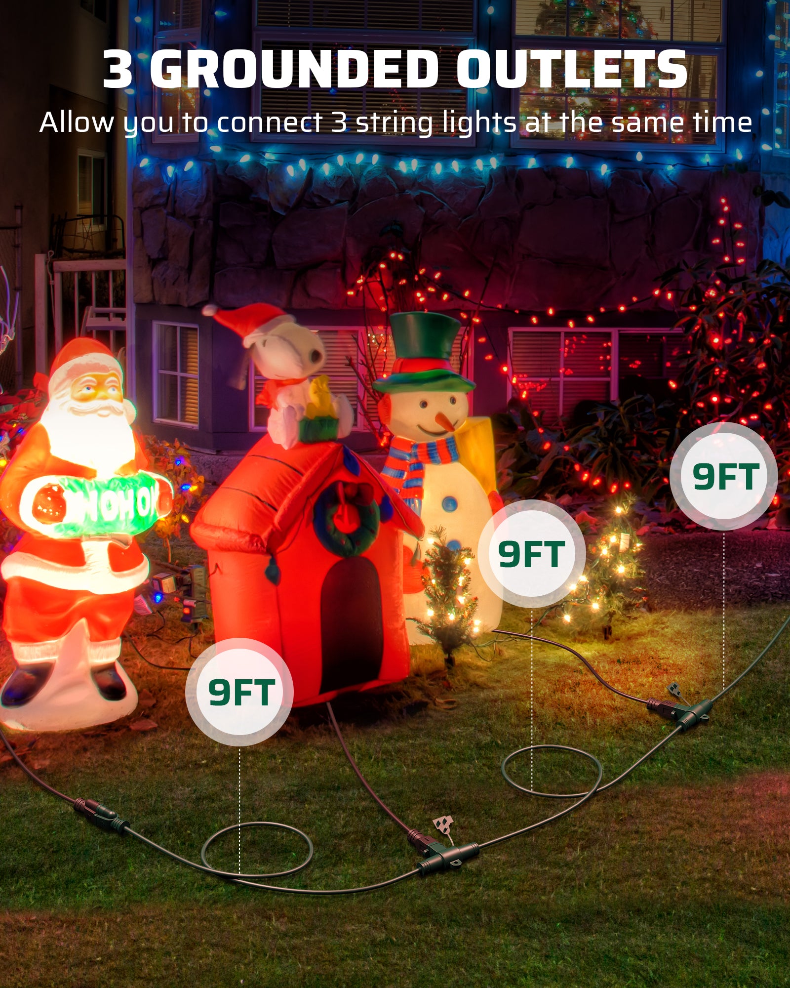 DEWENWILS 27FT Outdoor Extension Cord for Outside Halloween Christmas Lights Decoration, Evenly 3 Outlets with Safety Cover, 16 AWG SJTW Green-HES103E