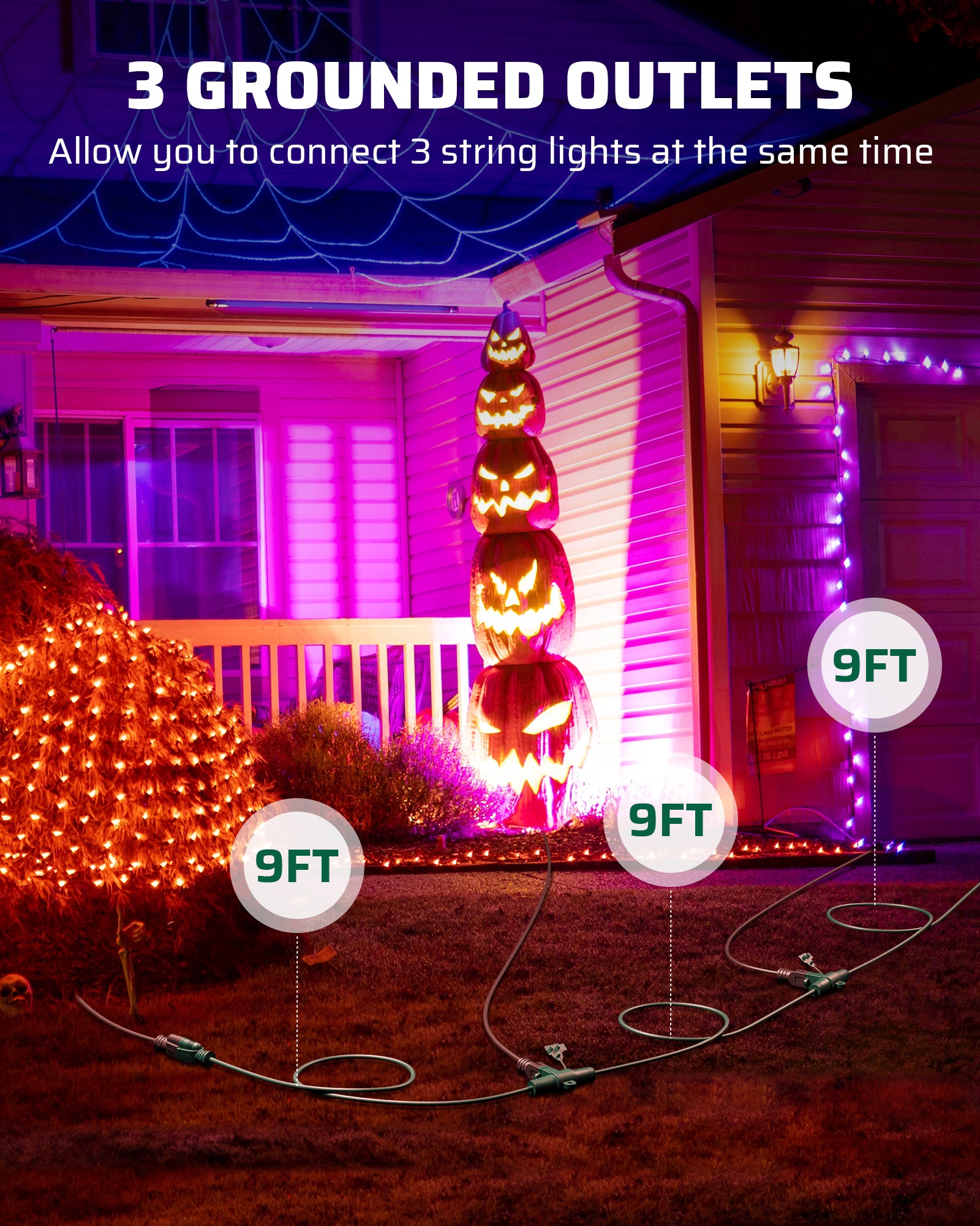 DEWENWILS 27FT Outdoor Extension Cord for Outside Halloween Christmas Lights Decoration, Evenly 3 Outlets with Safety Cover, 16 AWG SJTW Green-HES103E