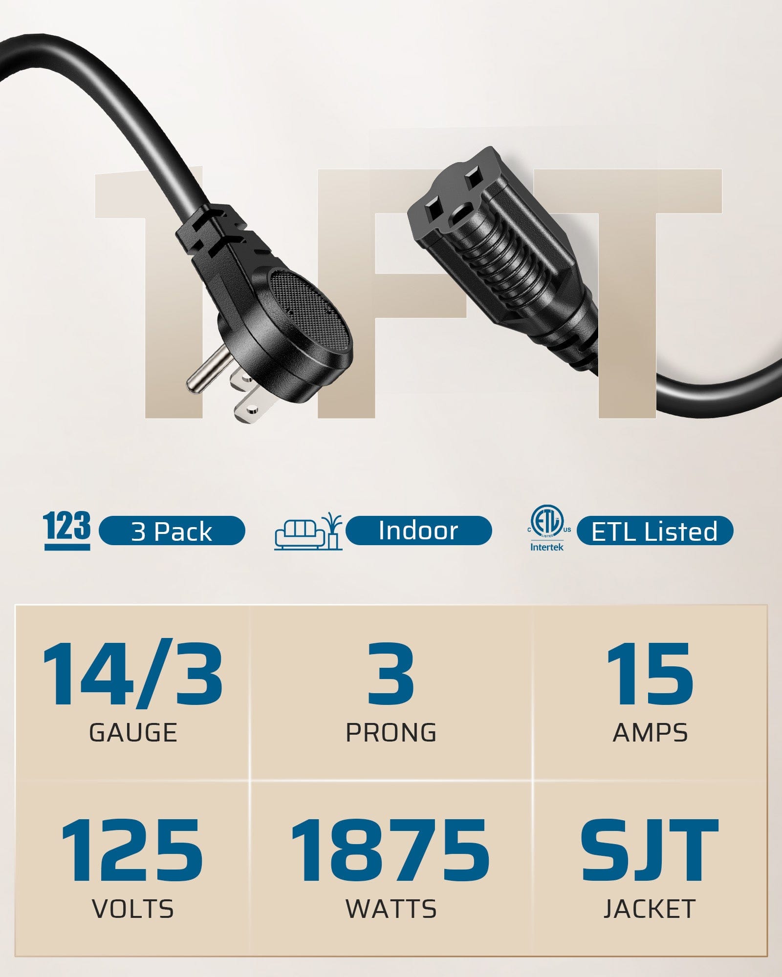 DEWENWILS 1ft Indoor Short Extension Cord with 3 Prong, Low Profile Power Cable SJT 14 AWG (3 Pack)-HFCB01M