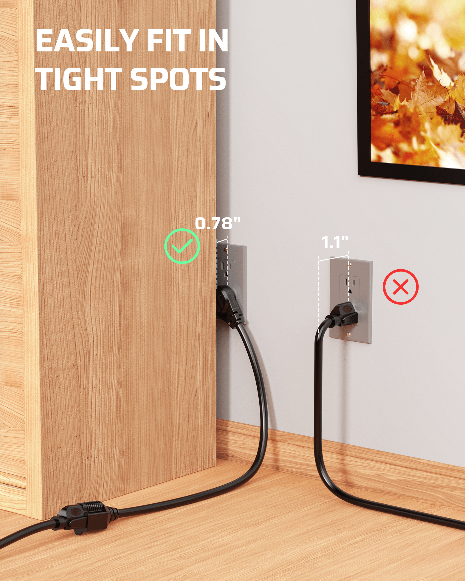 DEWENWILS 1ft Indoor Short Extension Cord with 3 Prong, Low Profile Power Cable SJT 14 AWG (3 Pack)-HFCB01M