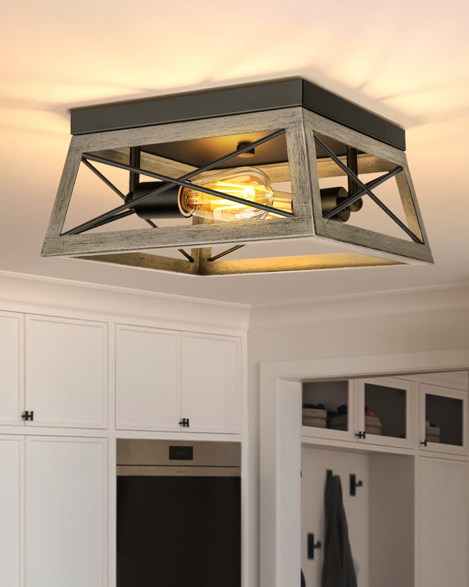 DEWENWILS Farmhouse Flush Mount Ceiling Light Fixture, 2-Light Close to Ceiling Lamp with Wood Grain Finish, Industrial Semi Flush Mount Island Light for Hallway Kitchen Entryway Living Room-HFCL02E