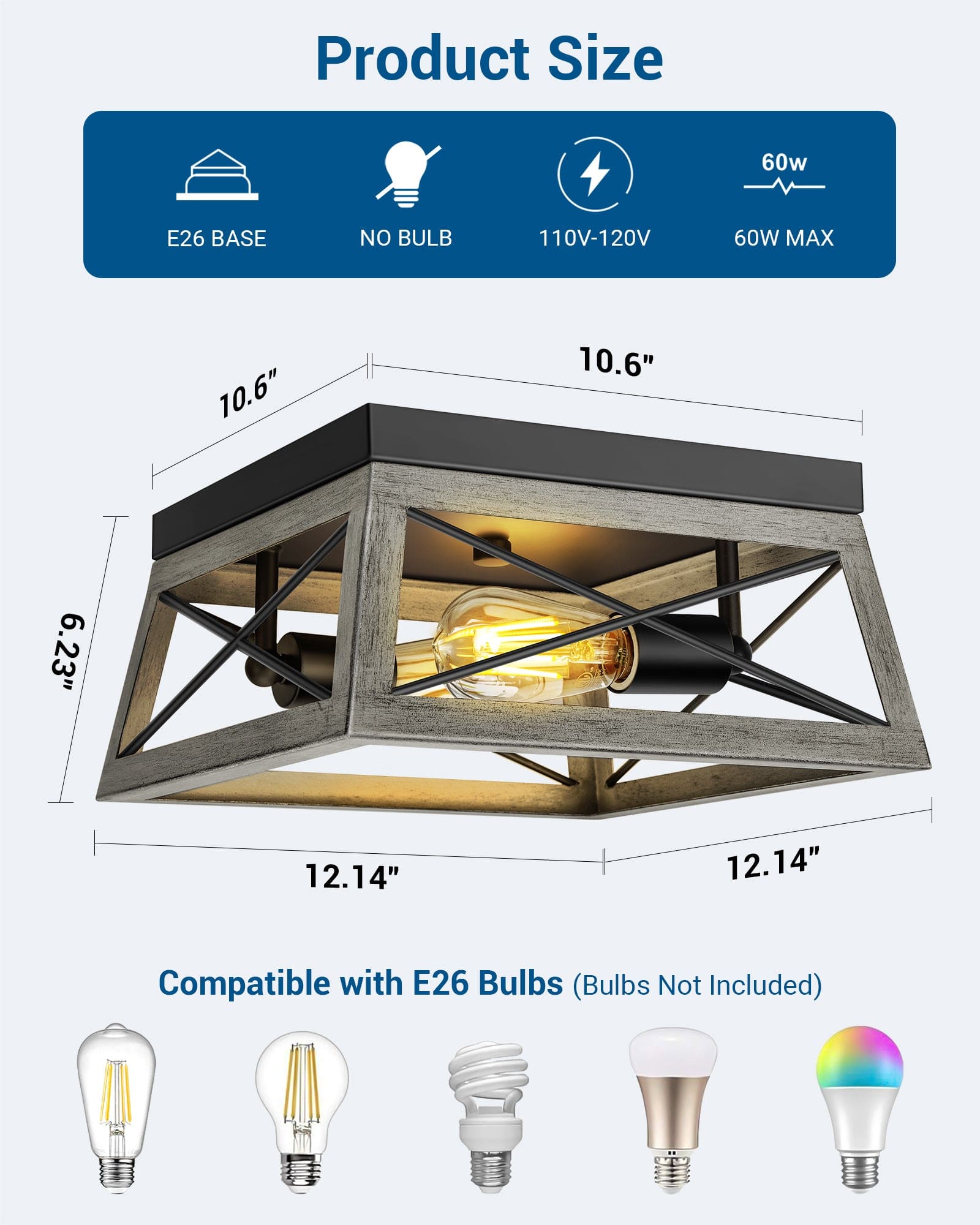 DEWENWILS Farmhouse Flush Mount Ceiling Light Fixture, 2-Light Close to Ceiling Lamp with Wood Grain Finish, Industrial Semi Flush Mount Island Light for Hallway Kitchen Entryway Living Room-HFCL02E