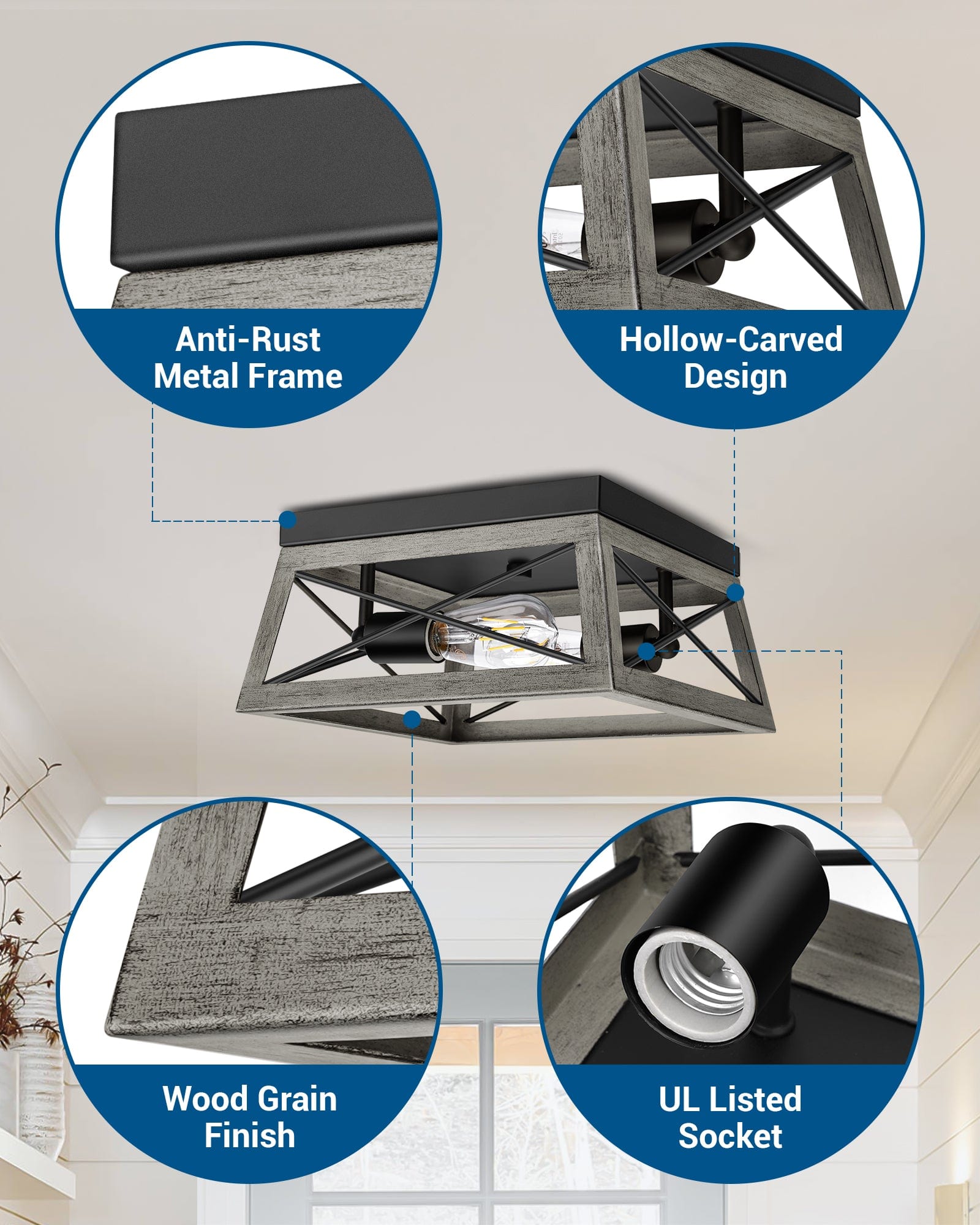 DEWENWILS Farmhouse Flush Mount Ceiling Light Fixture, 2-Light Close to Ceiling Lamp with Wood Grain Finish, Industrial Semi Flush Mount Island Light for Hallway Kitchen Entryway Living Room-HFCL02E