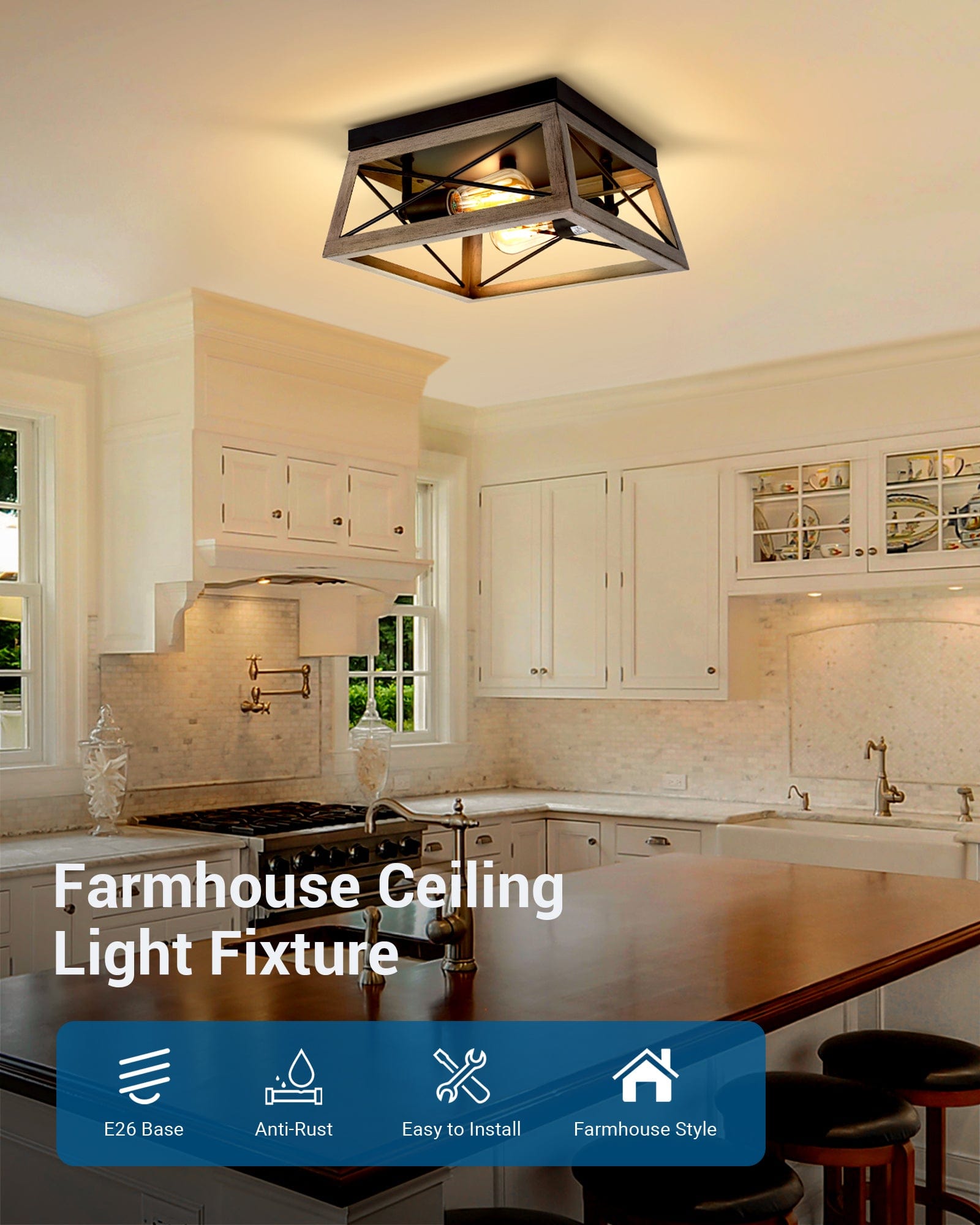 DEWENWILS Farmhouse Flush Mount Ceiling Light Fixture, 2-Light Close to Ceiling Lamp with Wood Grain Finish, Industrial Semi Flush Mount Island Light for Hallway Kitchen Entryway Living Room-HFCL02E