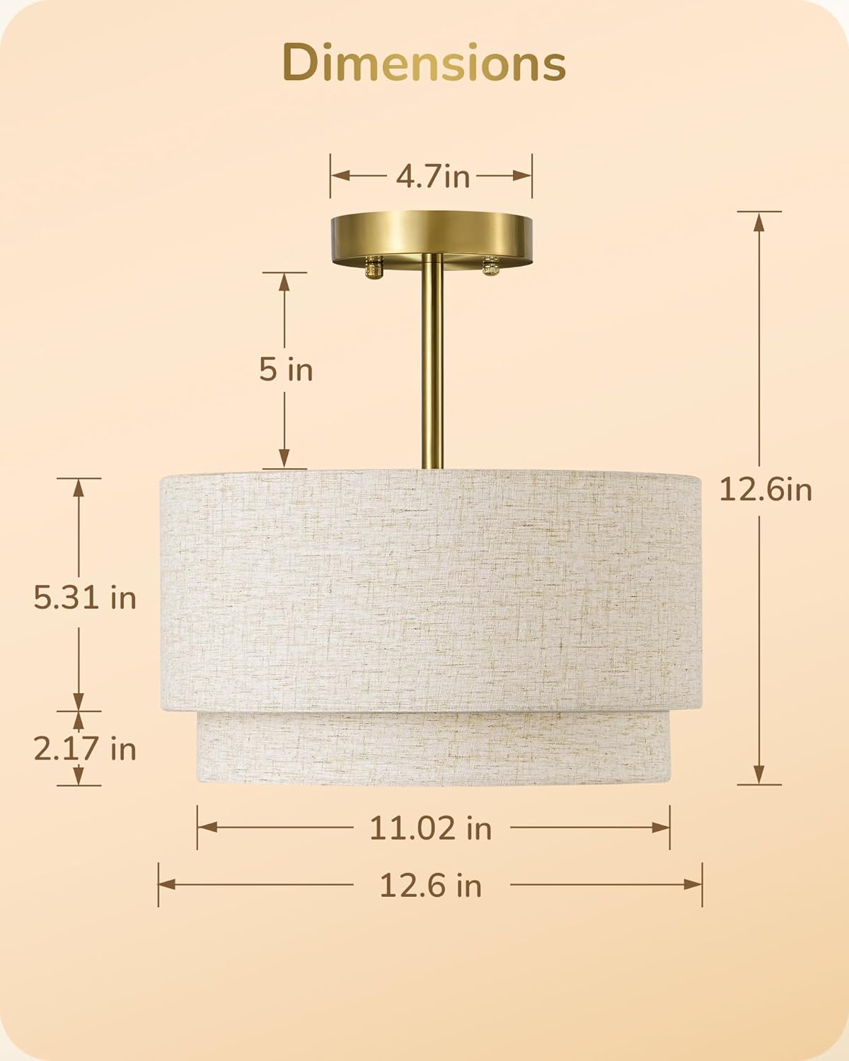12.6" Semi Flush Mount Ceiling Light, 3-Light Close to Ceiling Light Fixtures with Double Drum Linen Fabric Shade