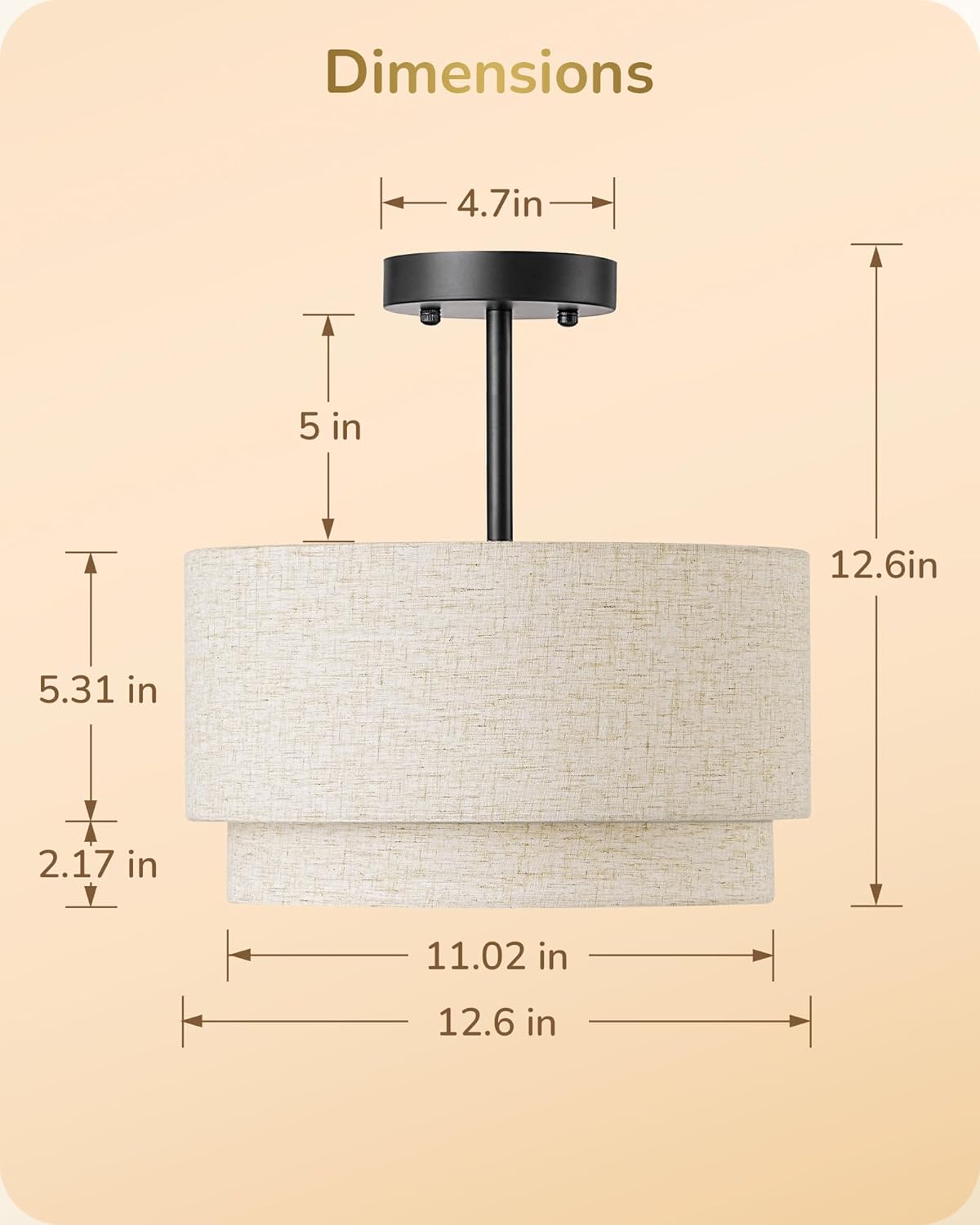 12.6" Semi Flush Mount Ceiling Light, 3-Light Close to Ceiling Light Fixtures with Double Drum Linen Fabric Shade