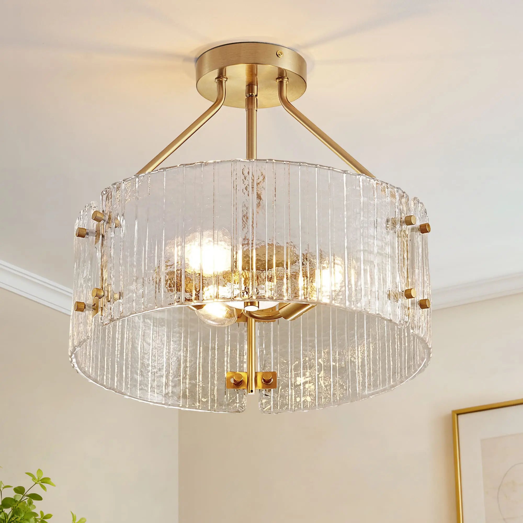 3-Light Ribbed Clear Glass Flush Mount Ceiling Light