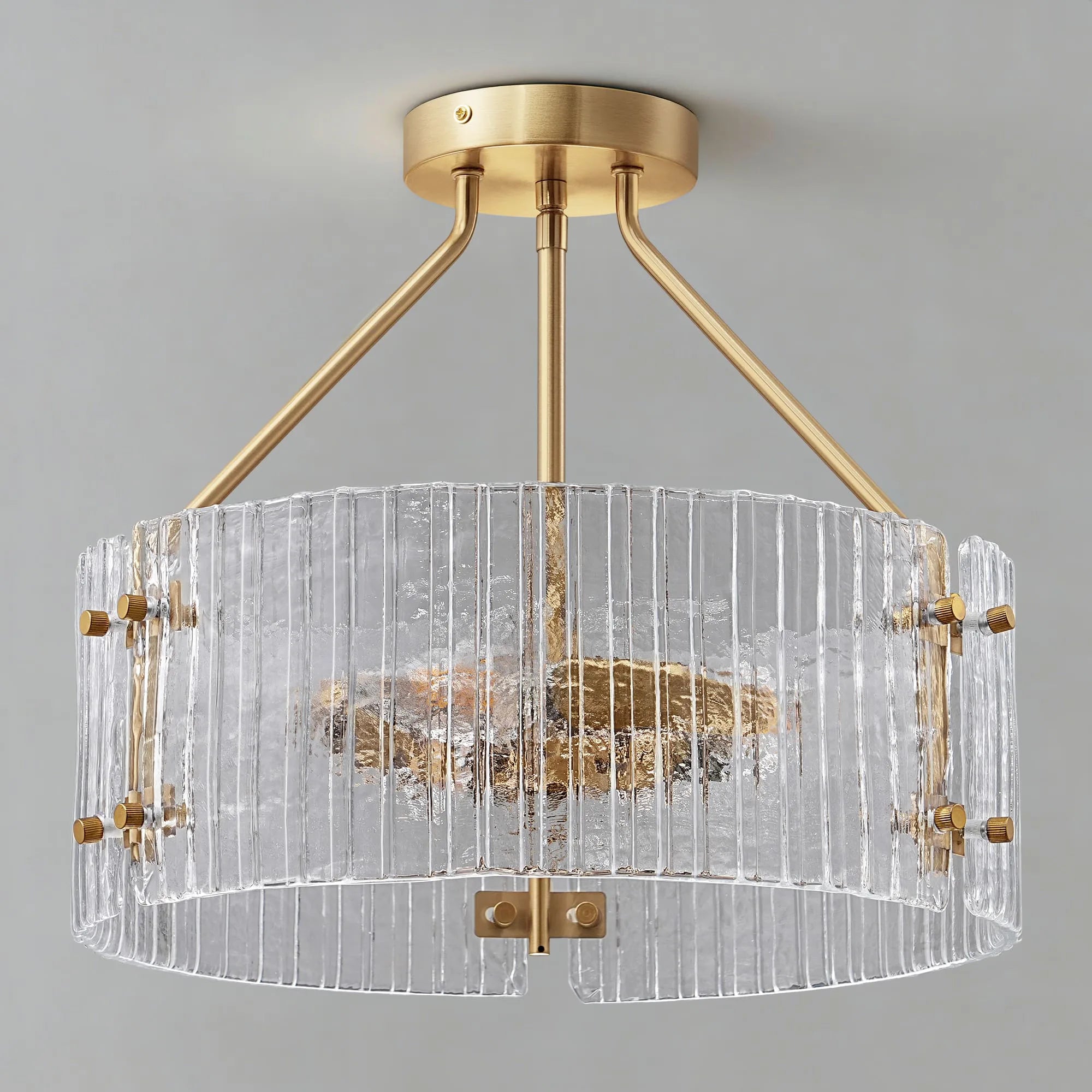 3-Light Ribbed Clear Glass Flush Mount Ceiling Light