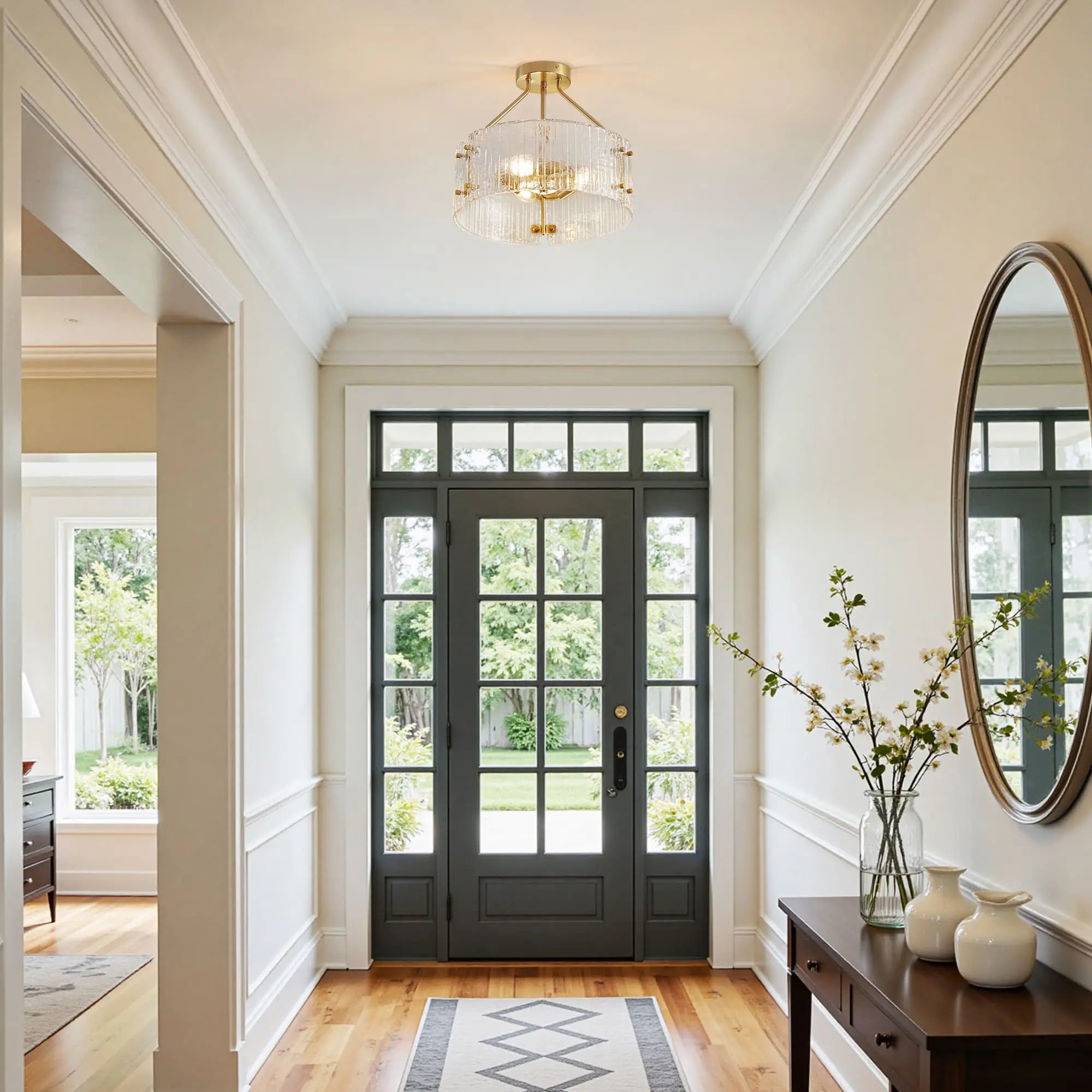 3-Light Ribbed Clear Glass Flush Mount Ceiling Light