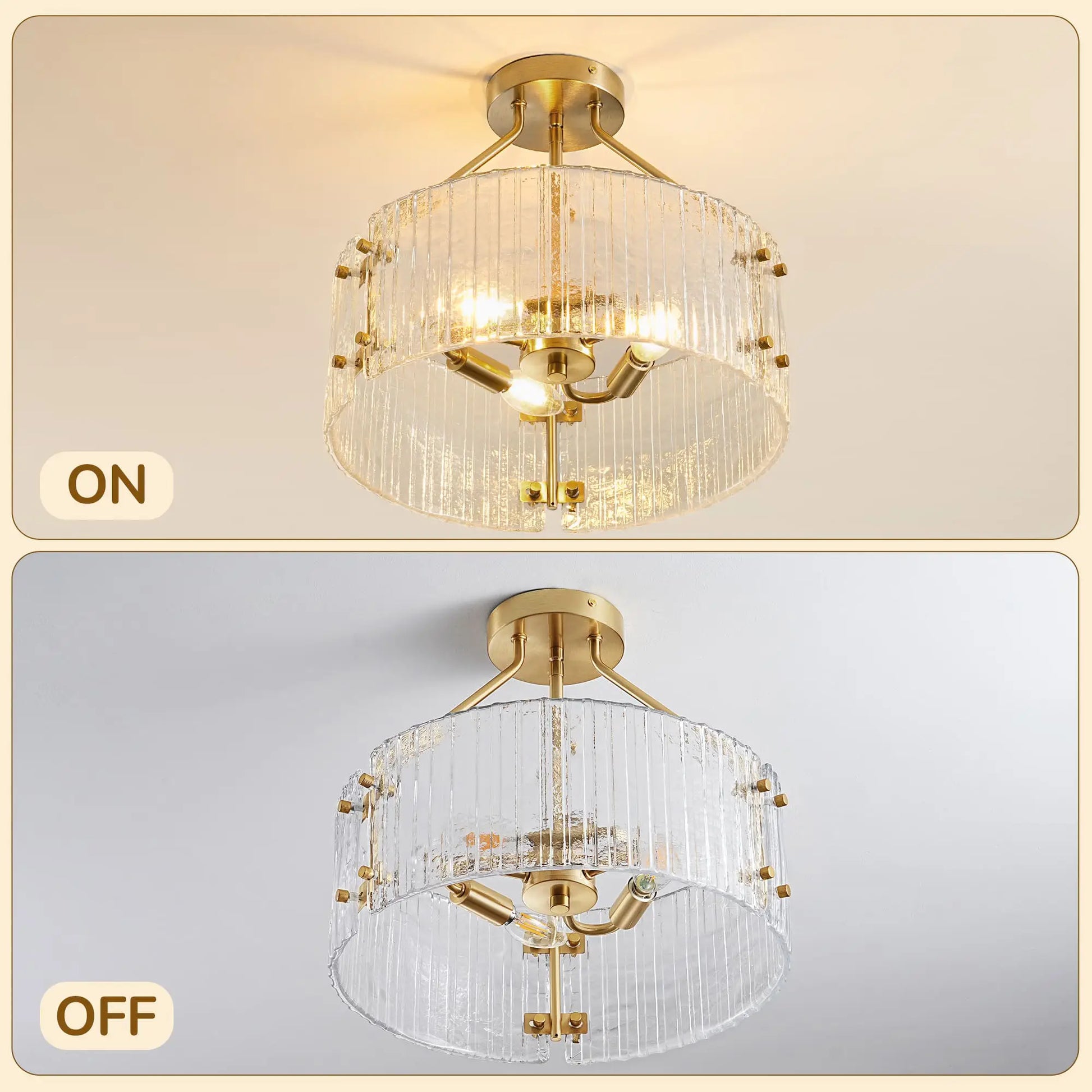 3-Light Ribbed Clear Glass Flush Mount Ceiling Light