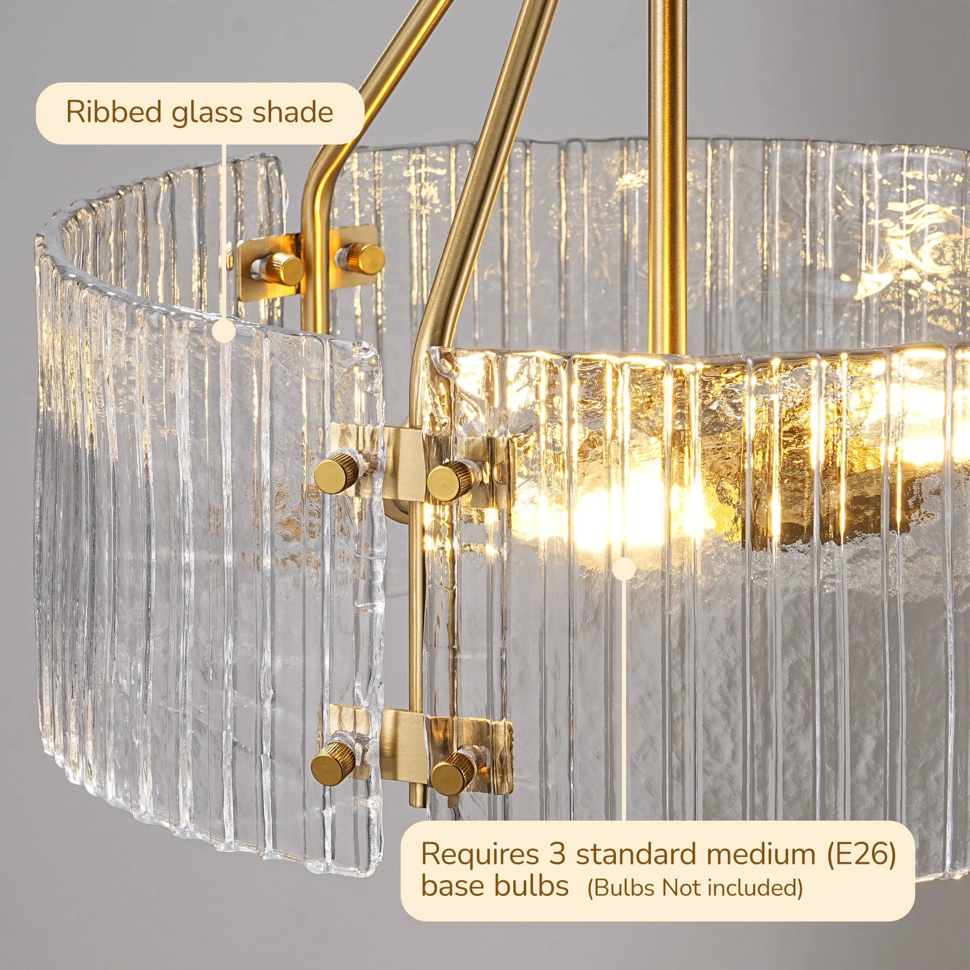 3-Light Ribbed Clear Glass Flush Mount Ceiling Light