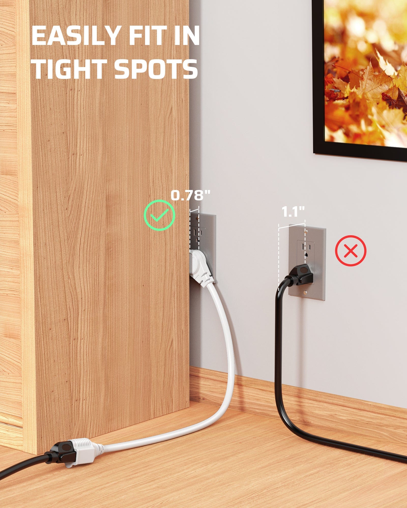 DEWENWILS 1ft Indoor Short Extension Cord with 3 Prong, Low Profile Power Cable SJT 14 AWG (3 Pack)-HFCW01M
