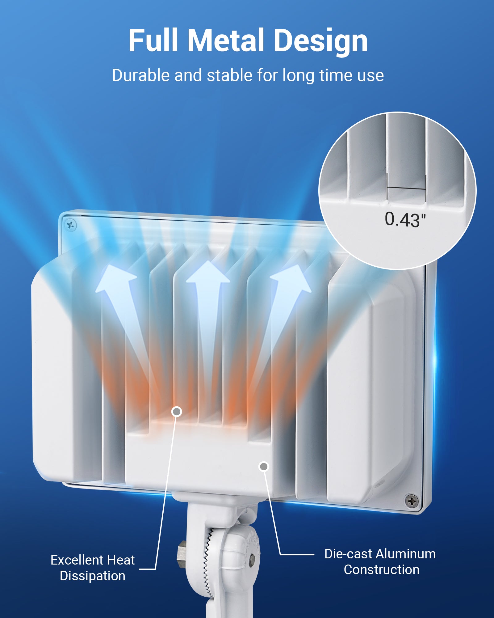 LED Flood Light: full metal die-cast aluminum construction for durability and stability with excellent heat dissipation for long-lasting outdoor performance