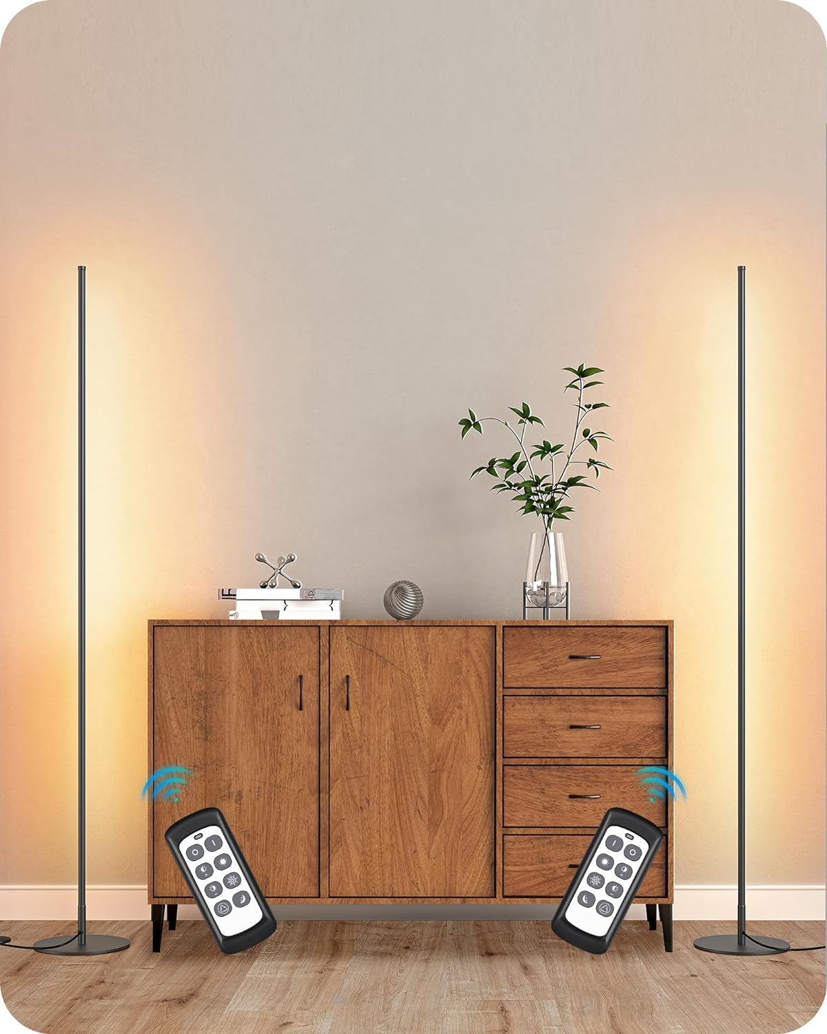 57.5" Tall Modern Minimalist Dimmable LED Corner Floor Lamps with Remote Control - Set of 2 (Black)
