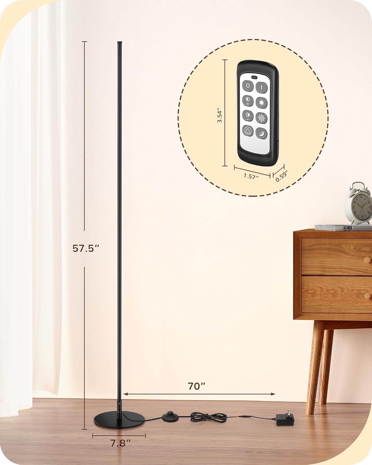 57.5" Tall Modern Minimalist Dimmable LED Corner Floor Lamps with Remote Control - Set of 2 (Black)