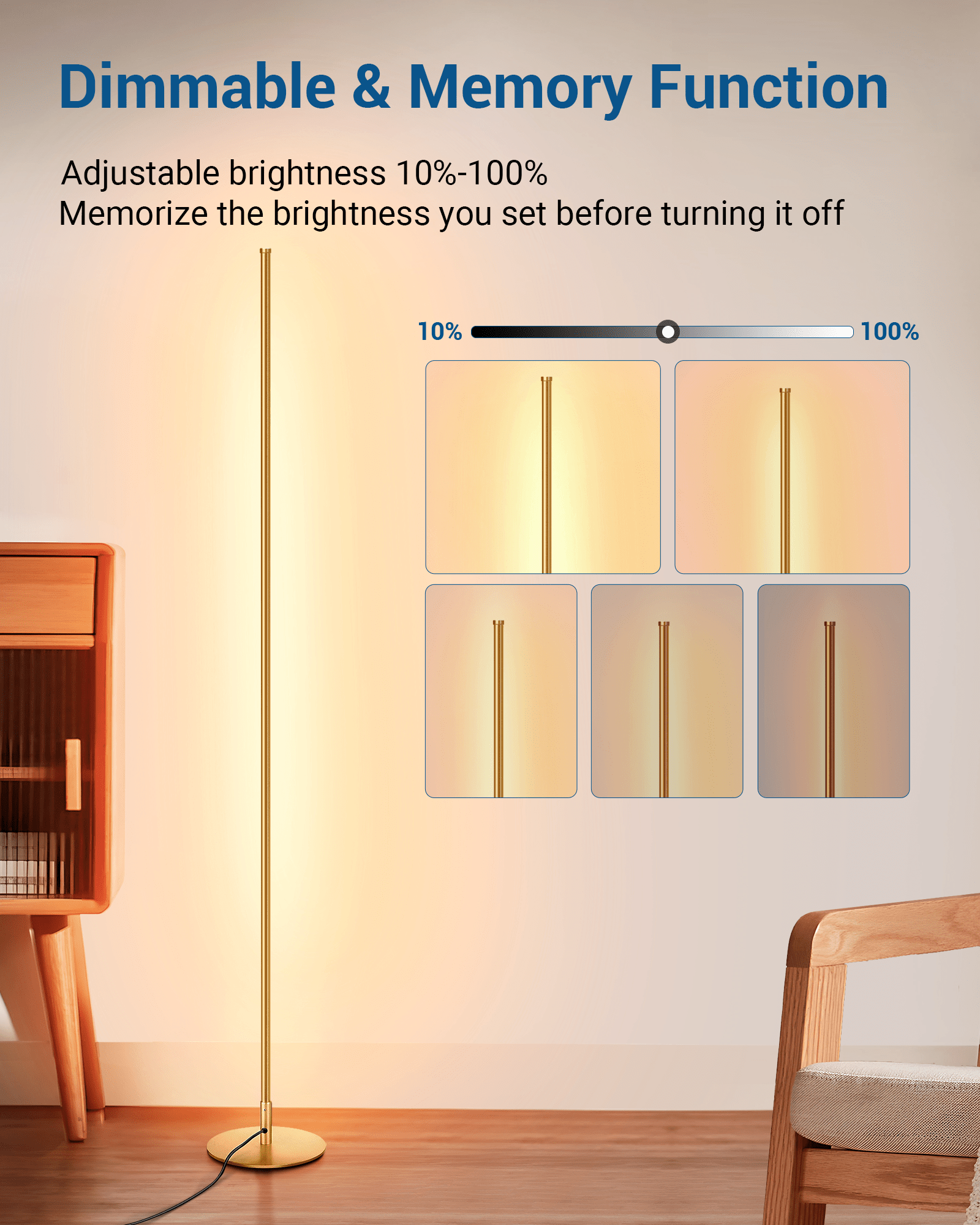 DEWENWILS 2-Set 57.5" Minimalist LED Corner Floor Lamp, Modern Dimmable Mood Lighting, Standing Tall Floor Lamp for Living Room, Bedroom, Office, 3000K Warm White Light (Gold)-HFLG02T