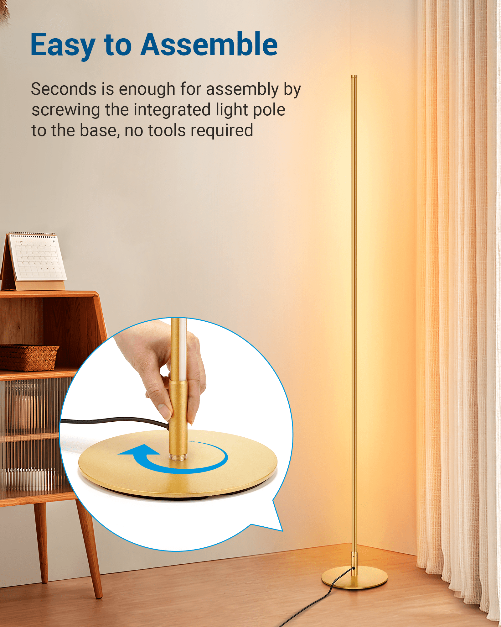 DEWENWILS 2-Set 57.5" Minimalist LED Corner Floor Lamp, Modern Dimmable Mood Lighting, Standing Tall Floor Lamp for Living Room, Bedroom, Office, 3000K Warm White Light (Gold)-HFLG02T