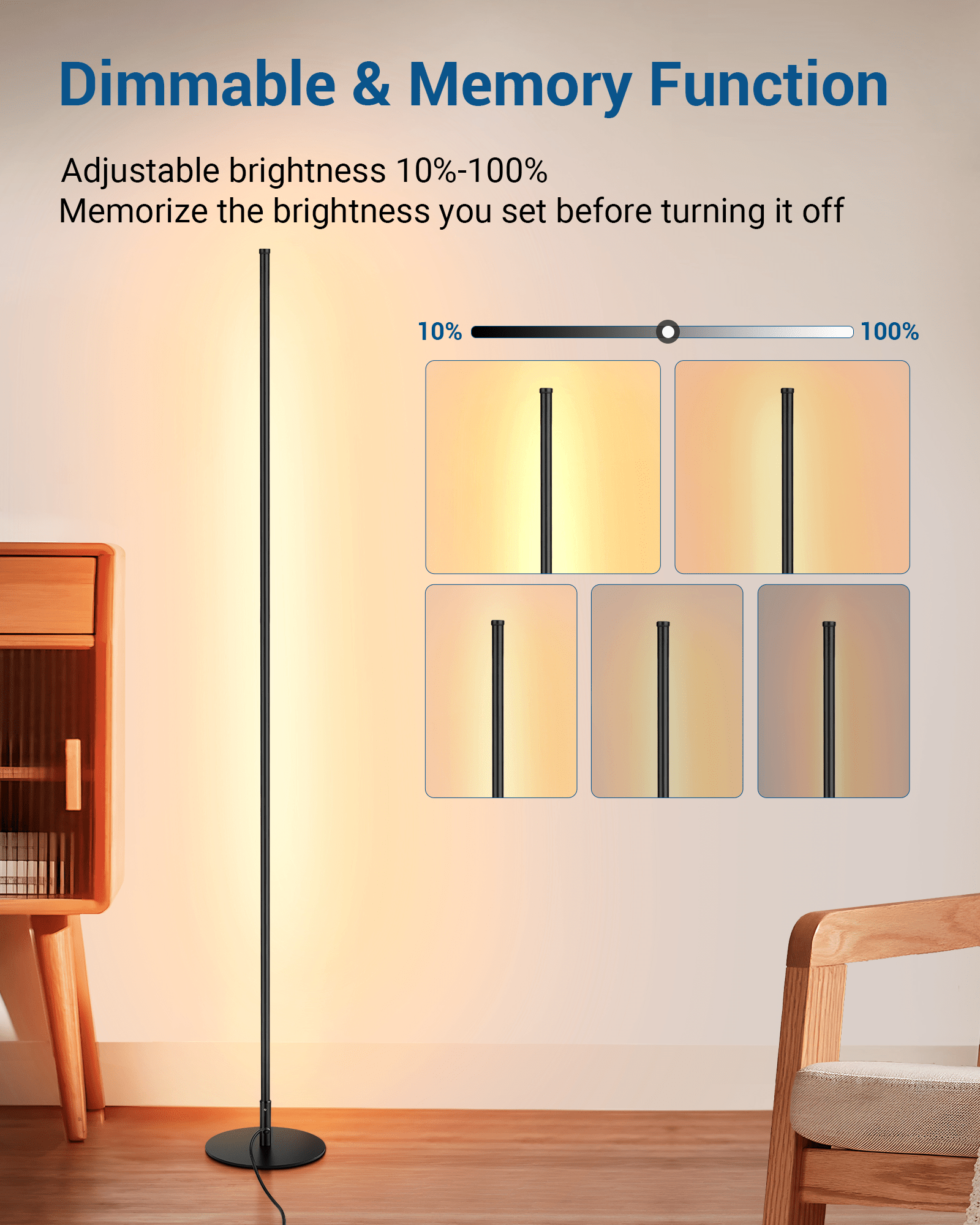 DEWENWILS 2-Set 57.5" Minimalist LED Corner Floor Lamp, Modern Dimmable Mood Lighting, Standing Tall Floor Lamp for Living Room, Bedroom, Office, 3000K Warm White Light, Black-HFLK02T