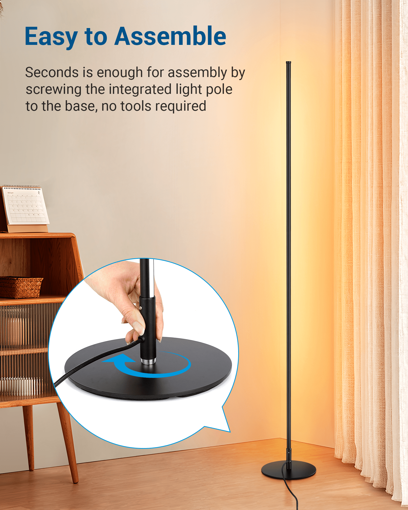 DEWENWILS LED Corner Floor Lamp, 57.5" Minimalist Dimmable Light, Standing Tall Lamp for Living Room, Bedroom, Office, 3000K Warm White Light (Black)-HLFL02K1